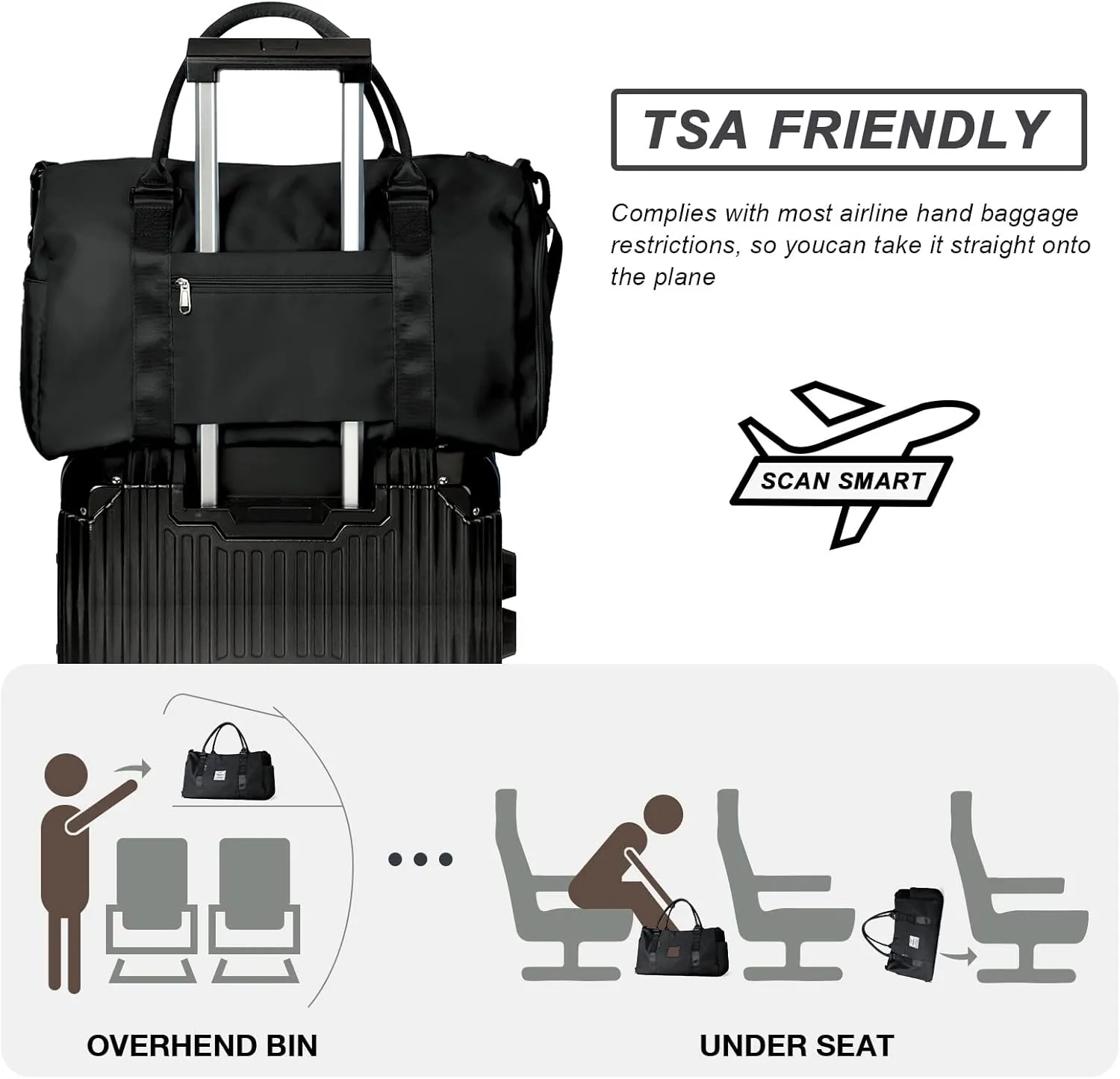 Small Black Sports Gym Duffel Bags for Women Men, Travel Totes Bag Cute Weekender bag with Wet Pocket and Shoe Compartment for Carry On, Gym, Dance, Overnight, Sport Pickleball, Tennis, Racketball