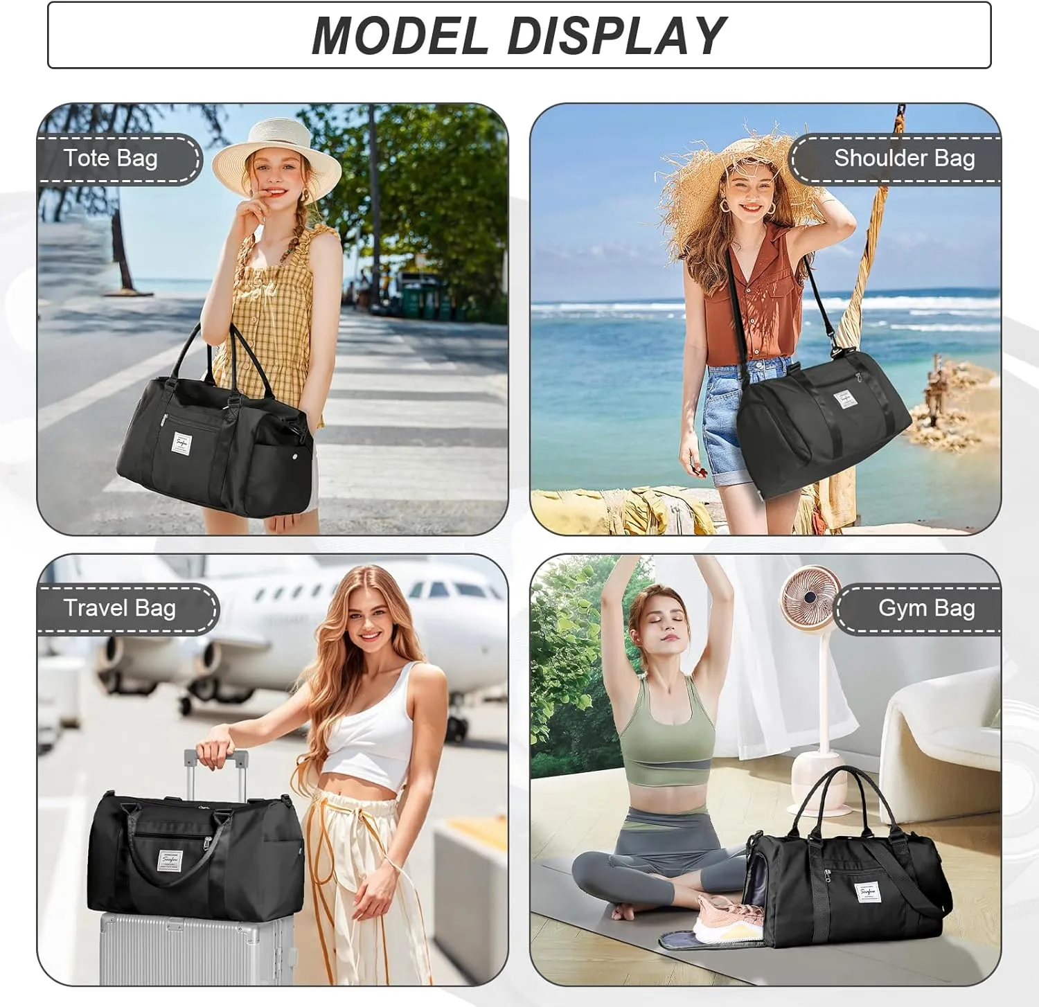 Small Black Sports Gym Duffel Bags for Women Men, Travel Totes Bag Cute Weekender bag with Wet Pocket and Shoe Compartment for Carry On, Gym, Dance, Overnight, Sport Pickleball, Tennis, Racketball