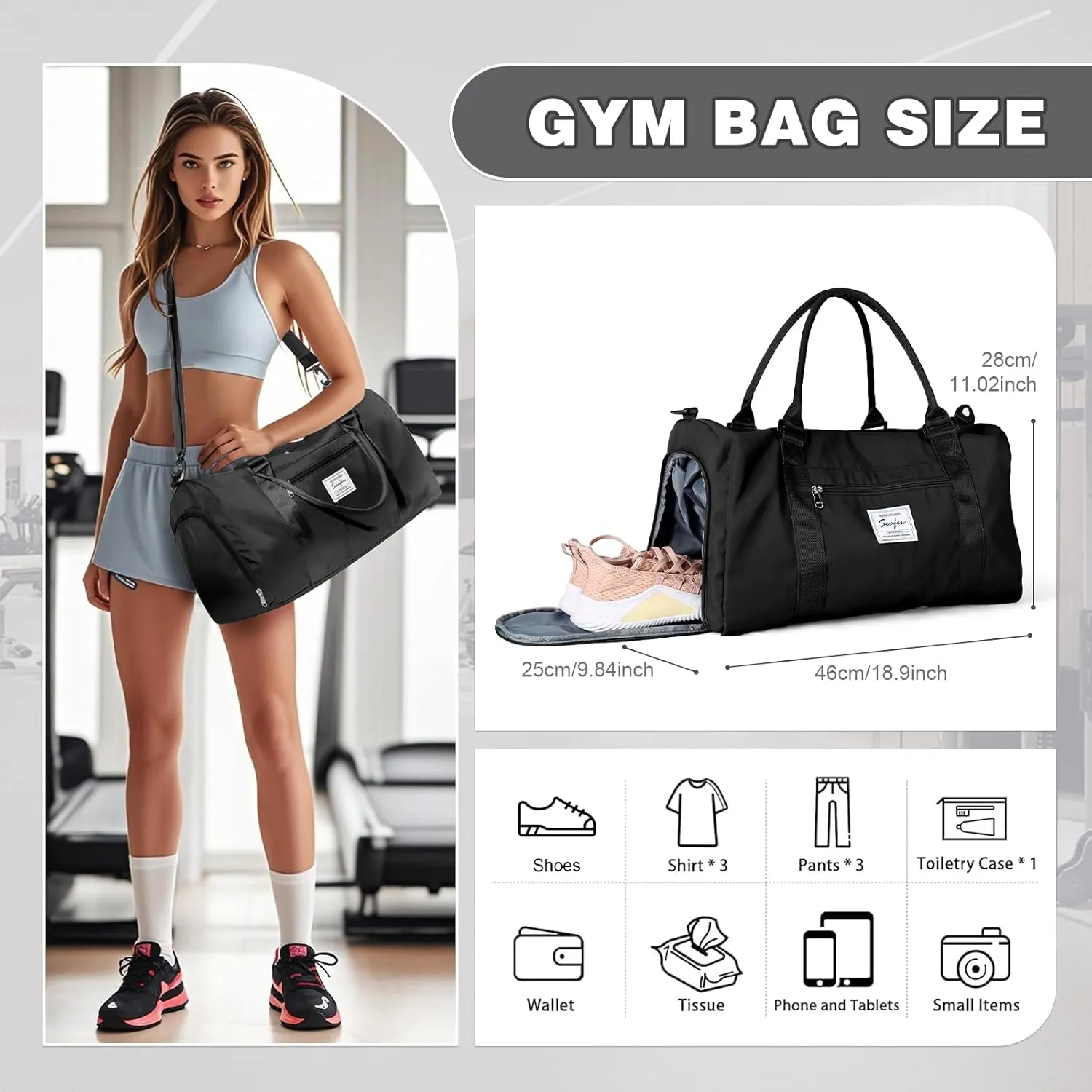 Small Black Sports Gym Duffel Bags for Women Men, Travel Totes Bag Cute Weekender bag with Wet Pocket and Shoe Compartment for Carry On, Gym, Dance, Overnight, Sport Pickleball, Tennis, Racketball