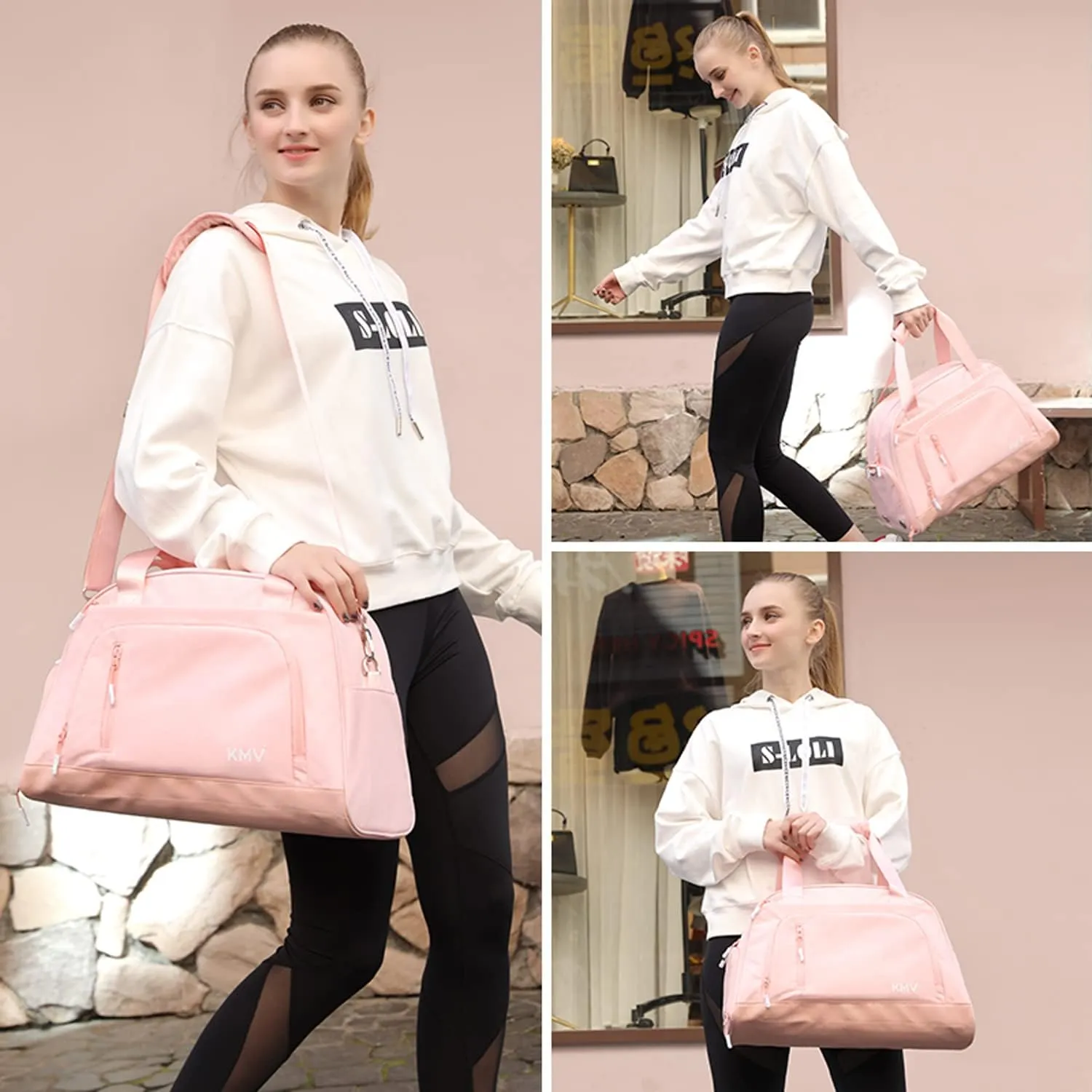 Small Carry On Duffle bag for Women,Overnight Weekender Bag for Gym Travel and Dance with Independent Shoulder Strap and Shoe Compartment Pink