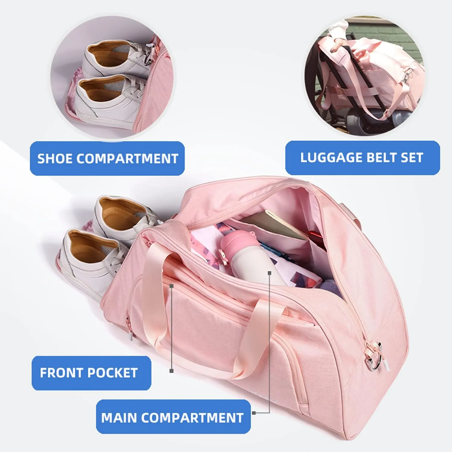Small Carry On Duffle bag for Women,Overnight Weekender Bag for Gym Travel and Dance with Independent Shoulder Strap and Shoe Compartment Pink