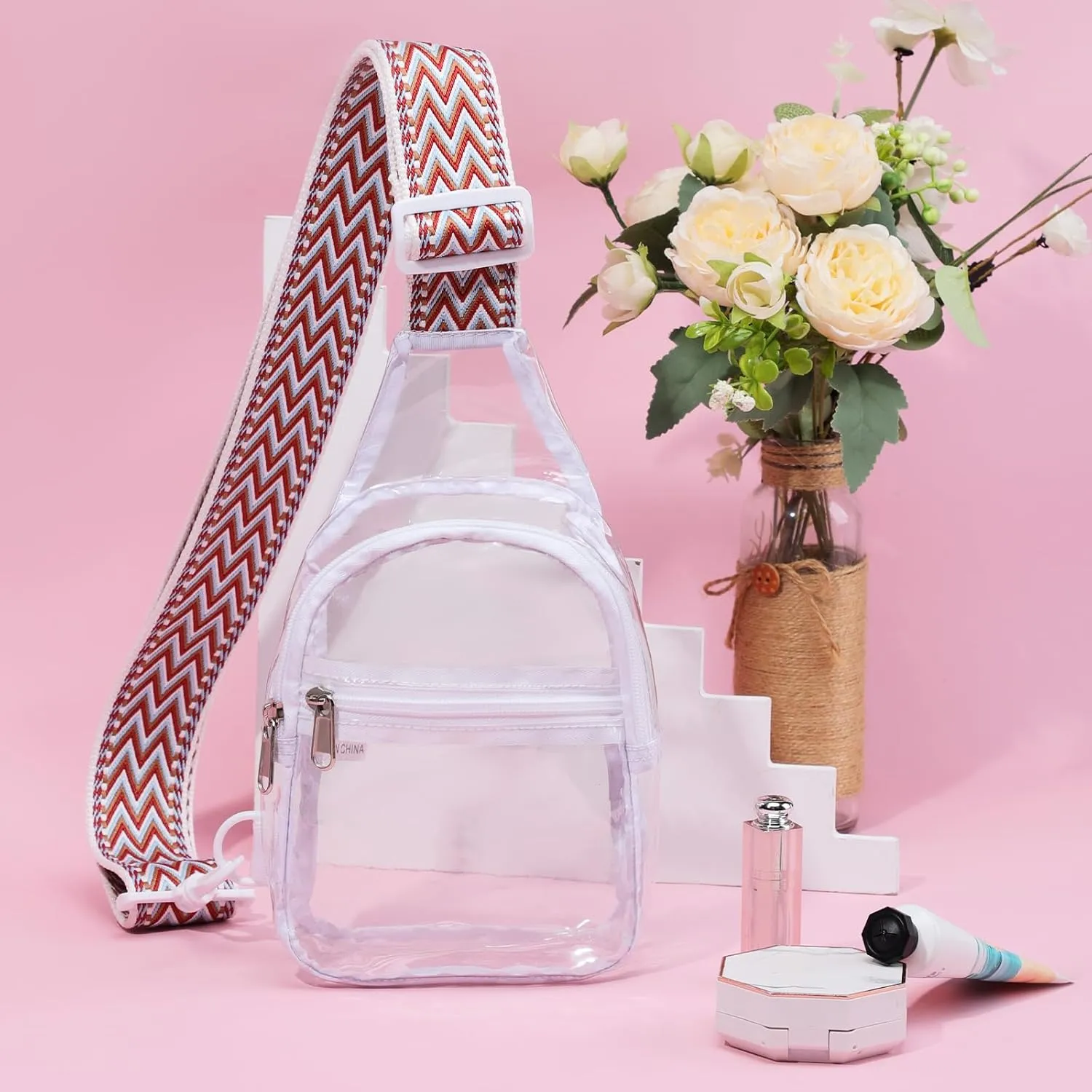 Small Clear Sling Bag Stadium Approved Clear Fanny Pack Women Transparent Crossbody Bag PVC Purses with Adjustable Strap