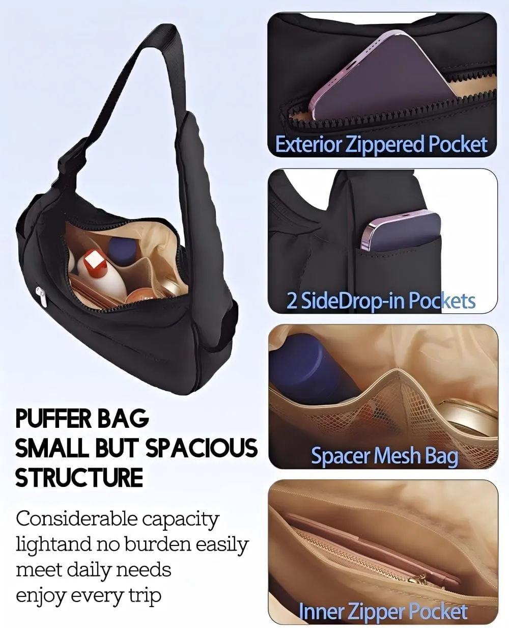 Small Crescent Puffer Purse Shoulder Bag for Women Nylon Quilted Purses Bag Adjustable Shoulder Strap Puffy bag