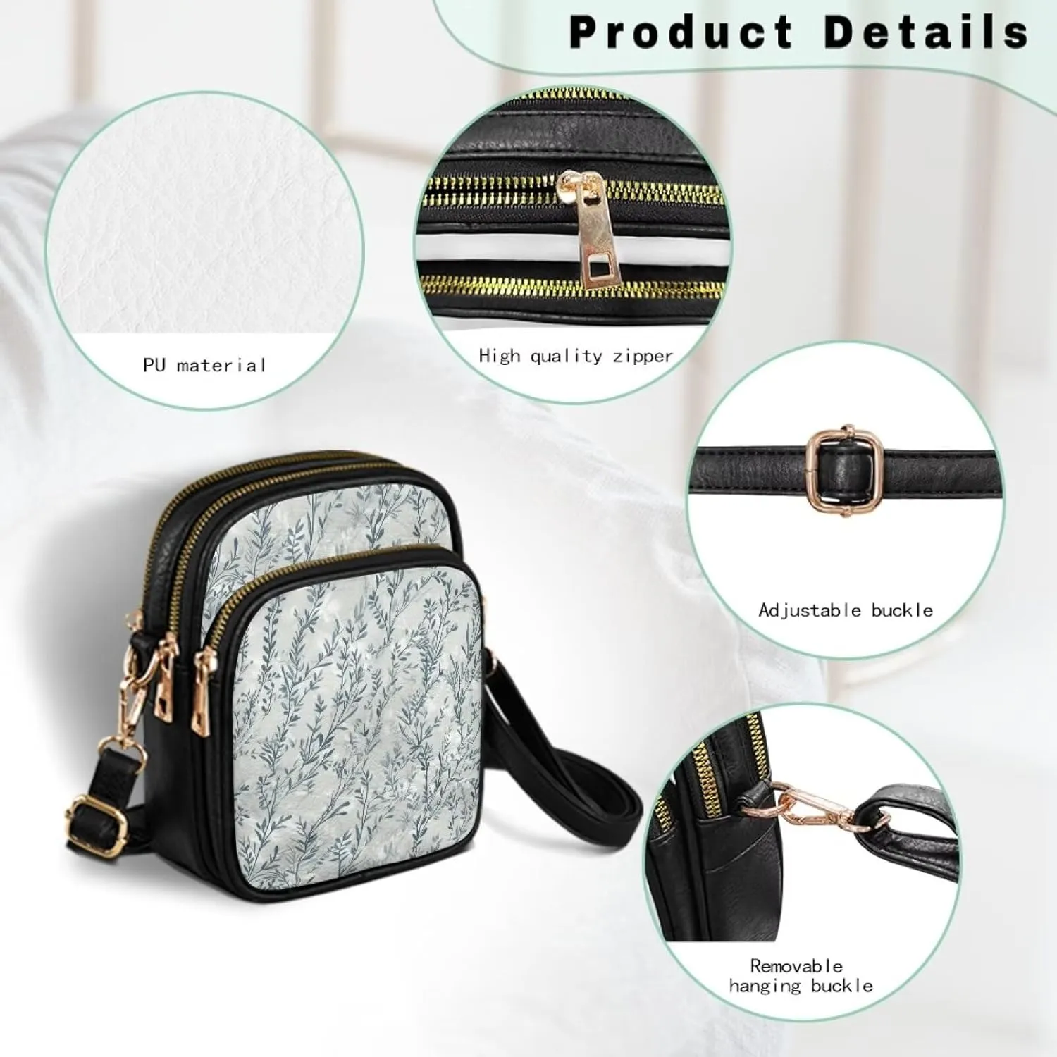Small Crossbody Phone Purse Leather Wallet, Cat Floral PU Leather Crossbody Purse Bird Flowers Travel Shoulder Bag