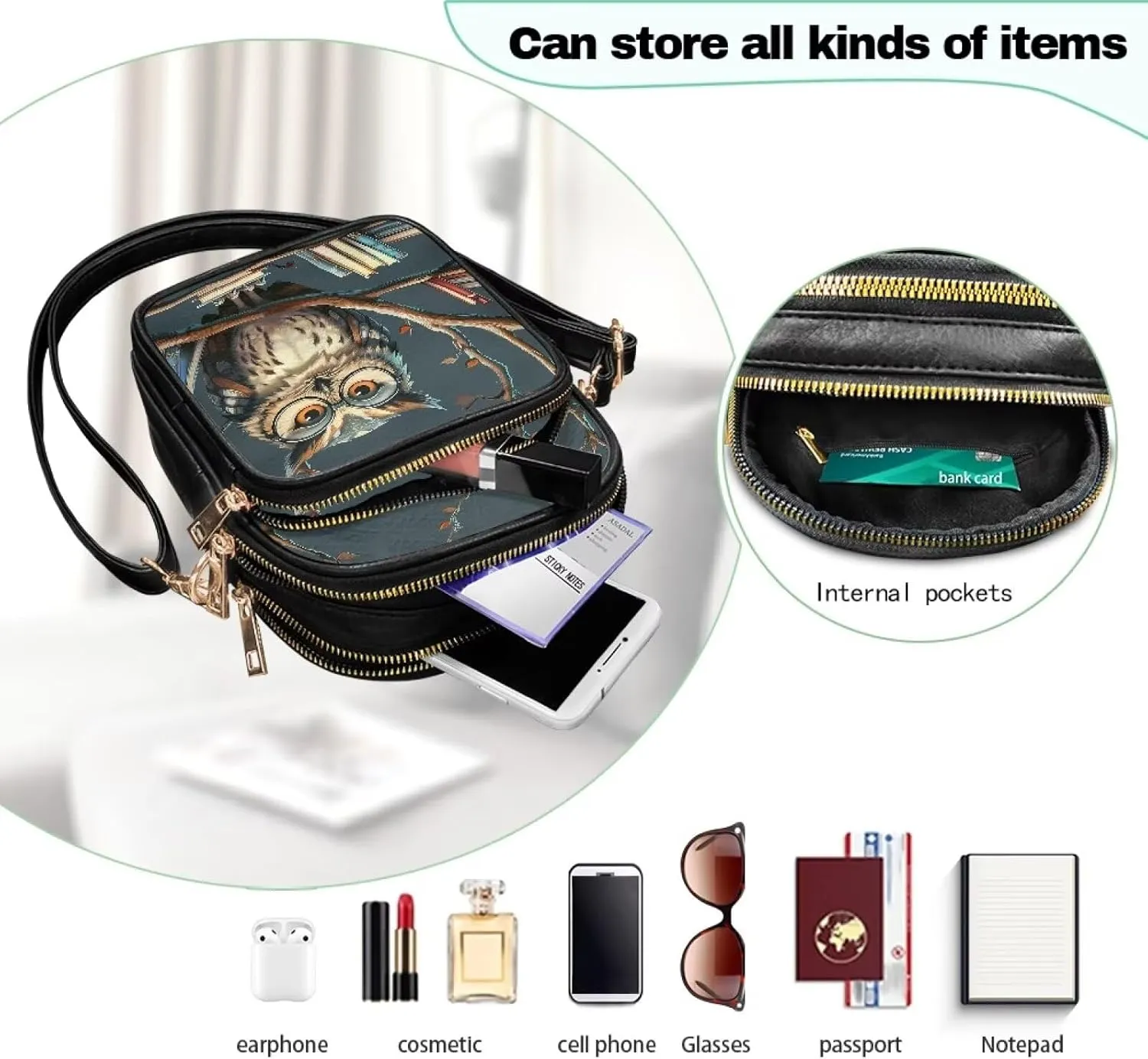 Small Crossbody Phone Purse Leather Wallet, Cat Floral PU Leather Crossbody Purse Bird Flowers Travel Shoulder Bag