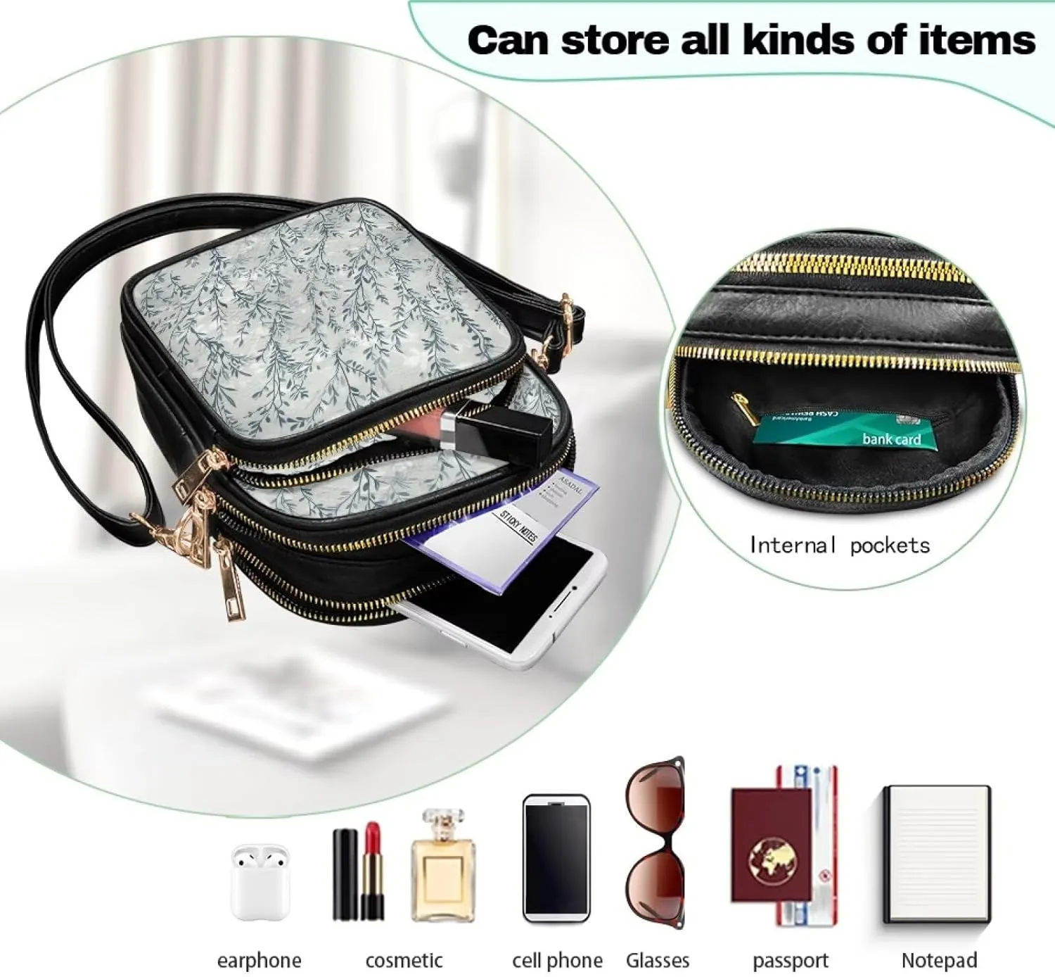Small Crossbody Phone Purse Leather Wallet, Cat Floral PU Leather Crossbody Purse Bird Flowers Travel Shoulder Bag