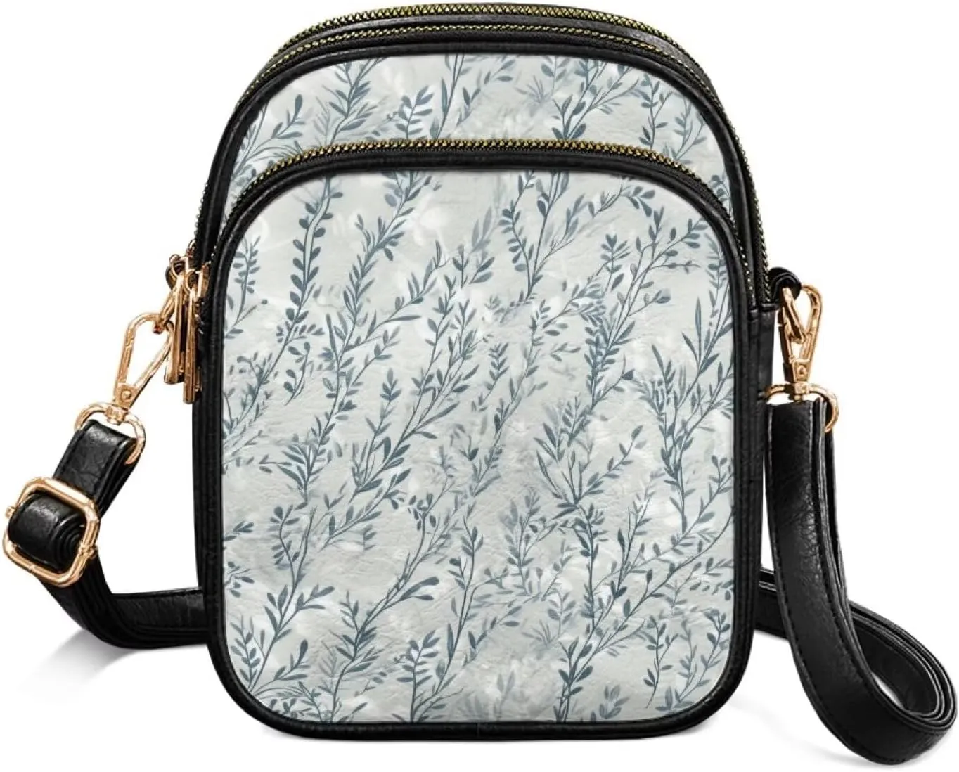 Small Crossbody Phone Purse Leather Wallet, Cat Floral PU Leather Crossbody Purse Bird Flowers Travel Shoulder Bag