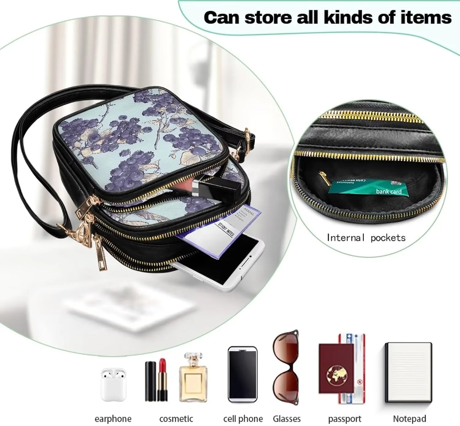 Small Crossbody Phone Purse Leather Wallet, Cat Floral PU Leather Crossbody Purse Bird Flowers Travel Shoulder Bag