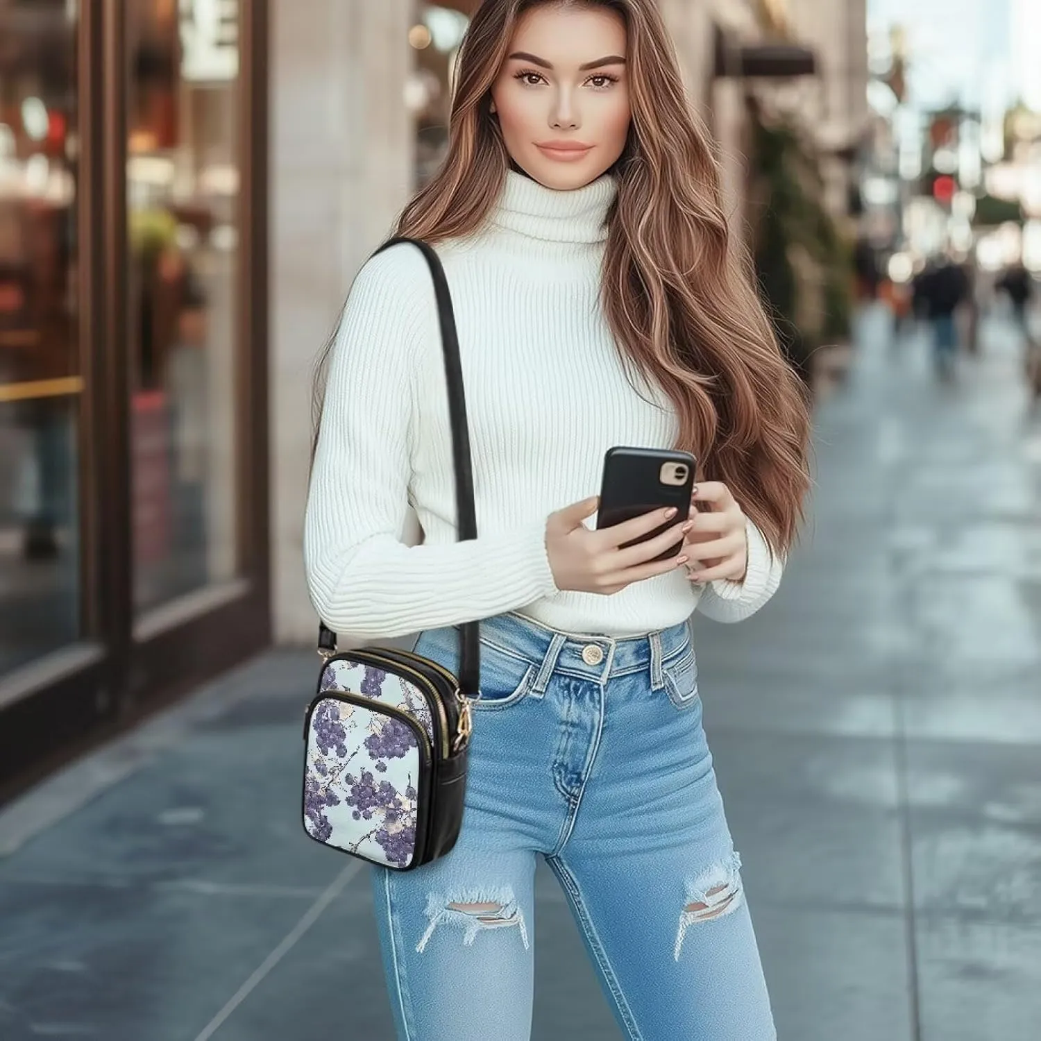 Small Crossbody Phone Purse Leather Wallet, Cat Floral PU Leather Crossbody Purse Bird Flowers Travel Shoulder Bag