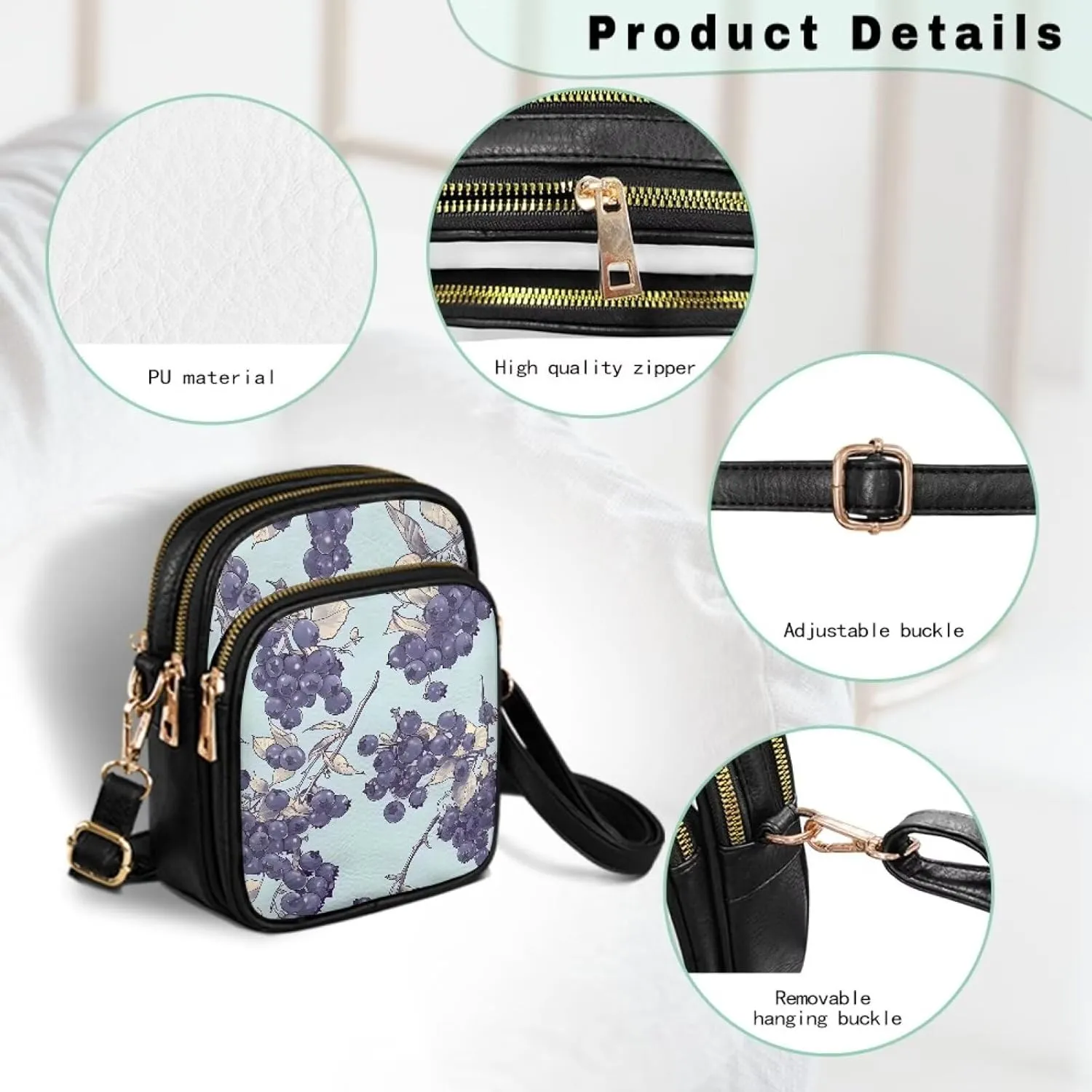 Small Crossbody Phone Purse Leather Wallet, Cat Floral PU Leather Crossbody Purse Bird Flowers Travel Shoulder Bag