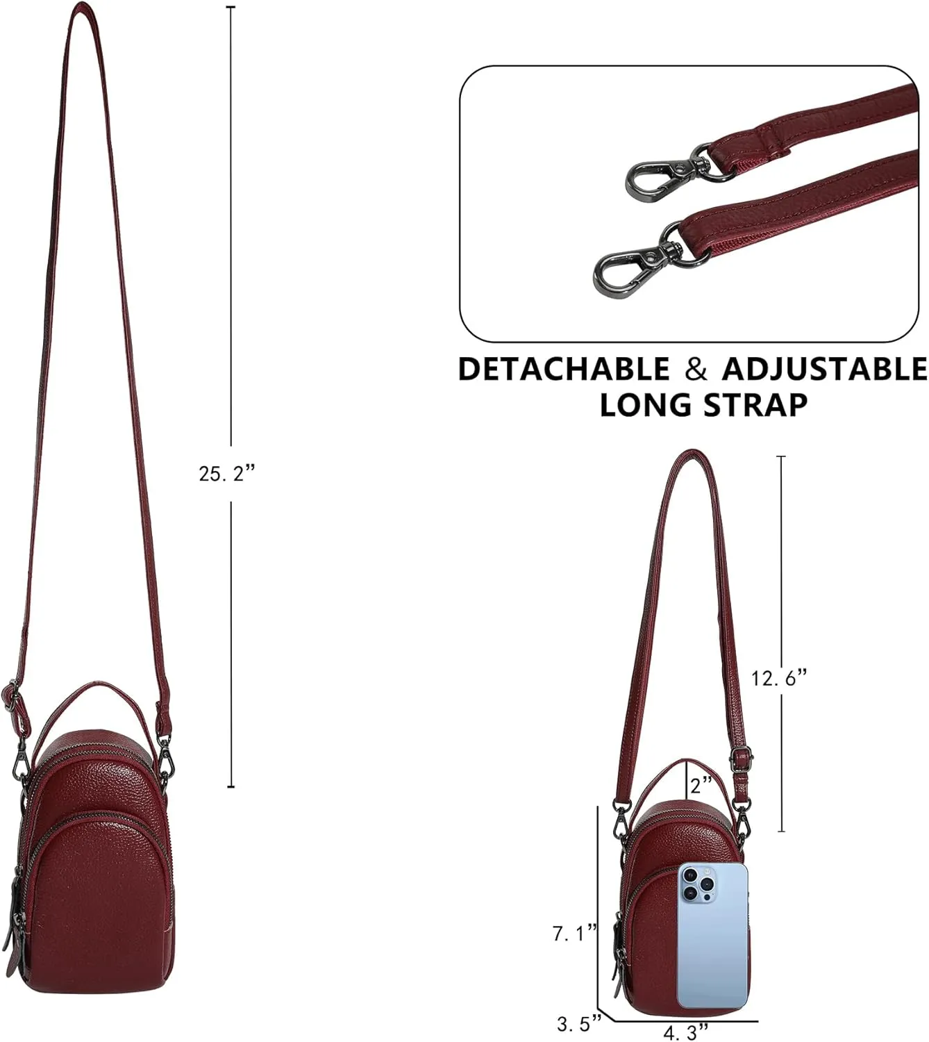 Small Genuine Leather Crossbody Bags for Women 3 Compartment Cell Phone Crossbody Purses with Card Slots