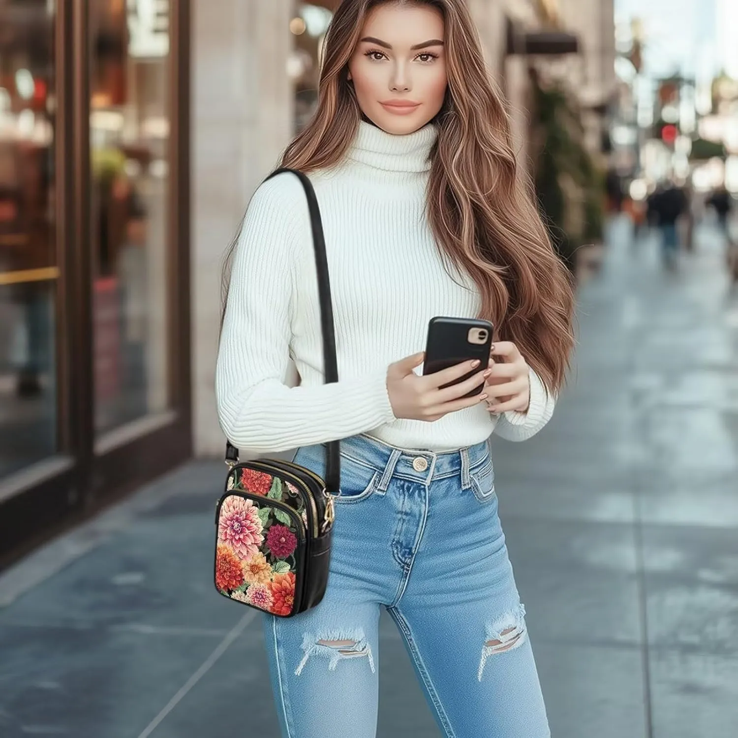 Small Leather Crossbody Bag for Women, Tropical Floral PU Leather Crossbody Cell Phone Purse with Adjustable Strap