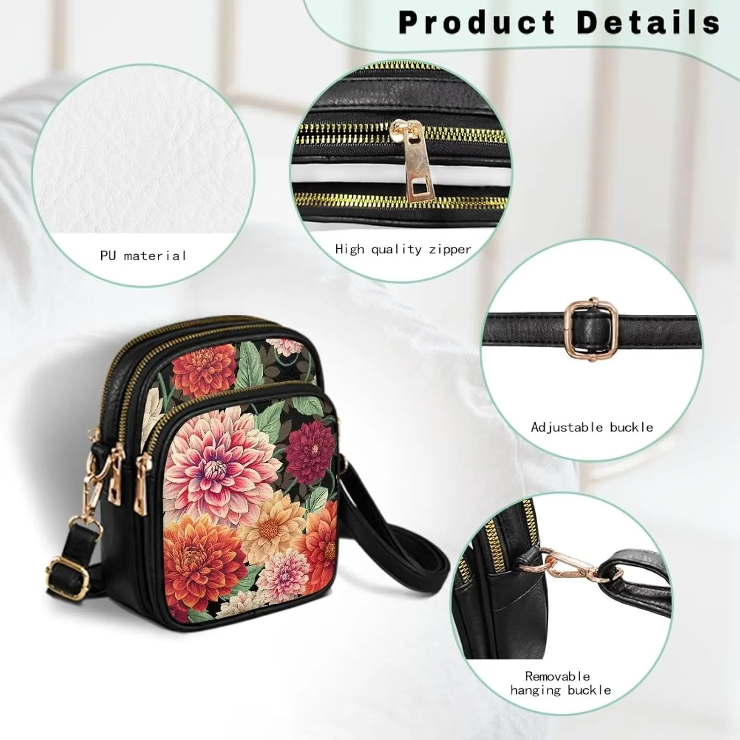 Small Leather Crossbody Bag for Women, Tropical Floral PU Leather Crossbody Cell Phone Purse with Adjustable Strap