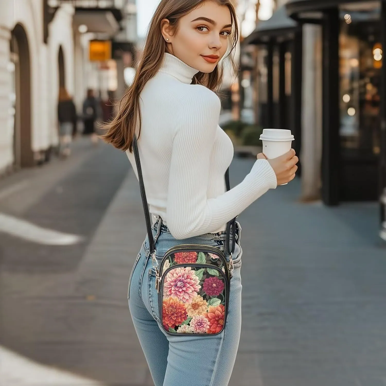 Small Leather Crossbody Bag for Women, Tropical Floral PU Leather Crossbody Cell Phone Purse with Adjustable Strap