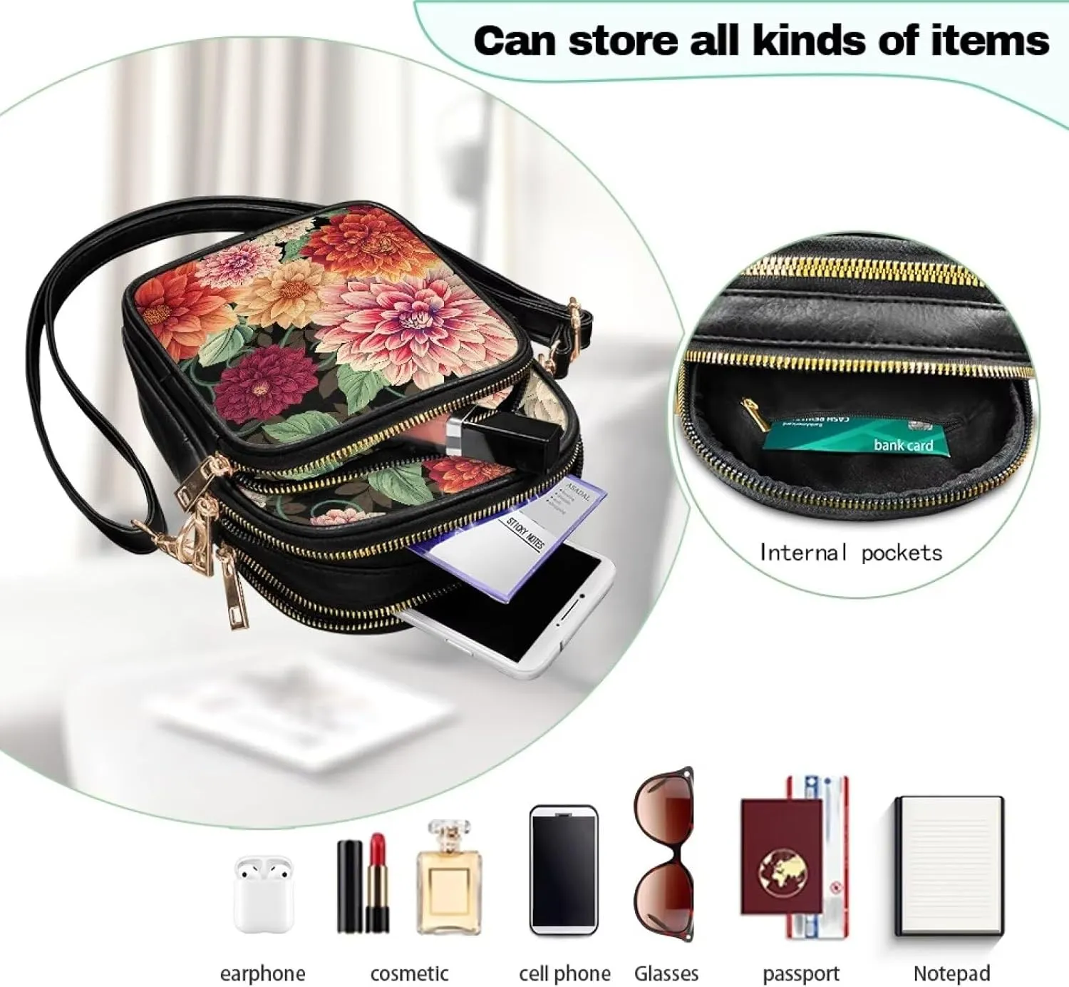Small Leather Crossbody Bag for Women, Tropical Floral PU Leather Crossbody Cell Phone Purse with Adjustable Strap
