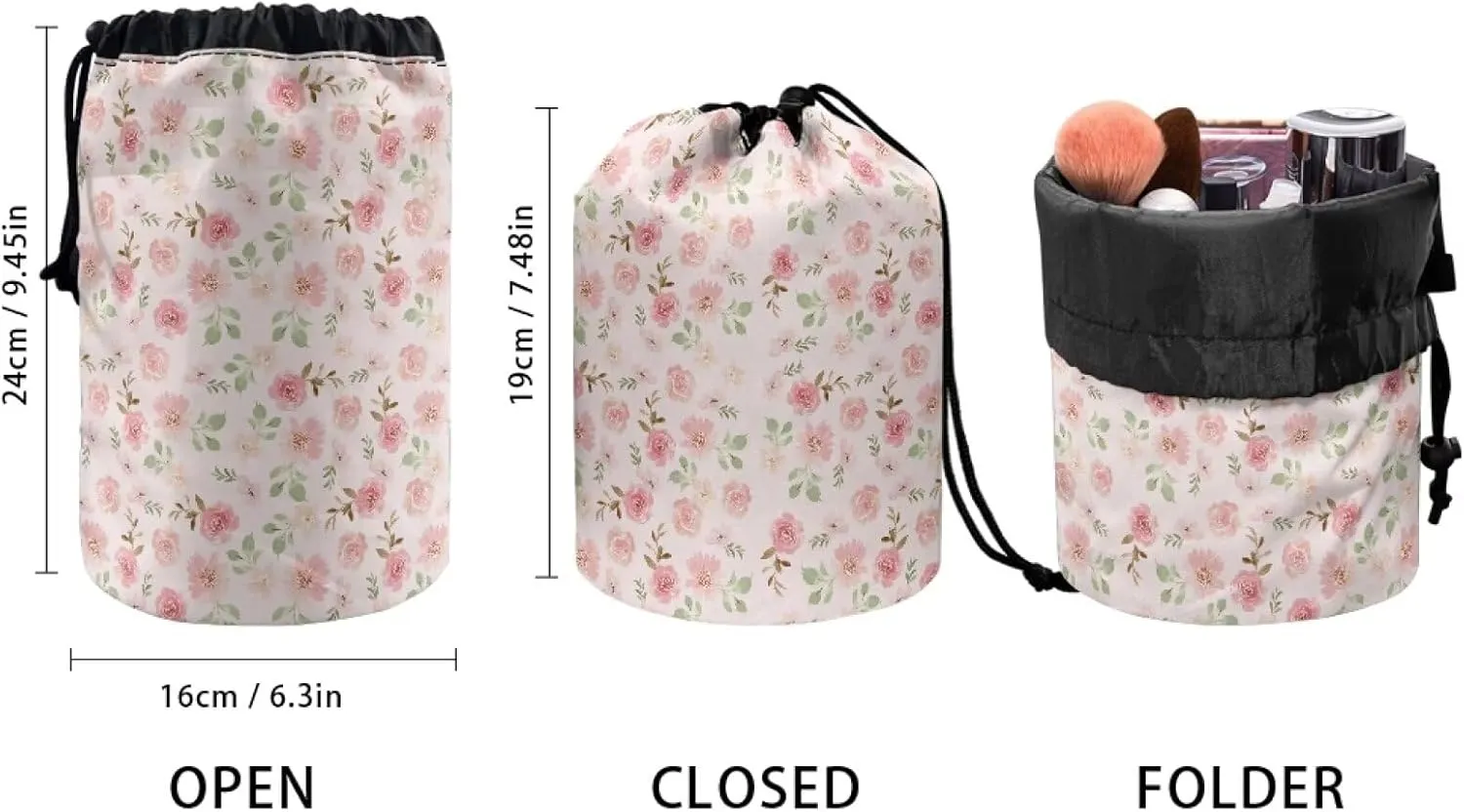 Small pink flower drawstring makeup bag opens flat collapsible makeup bag portable lazy drawstring makeup bag travel cosmetic pouch toiletry travel essentials for women barrel bag