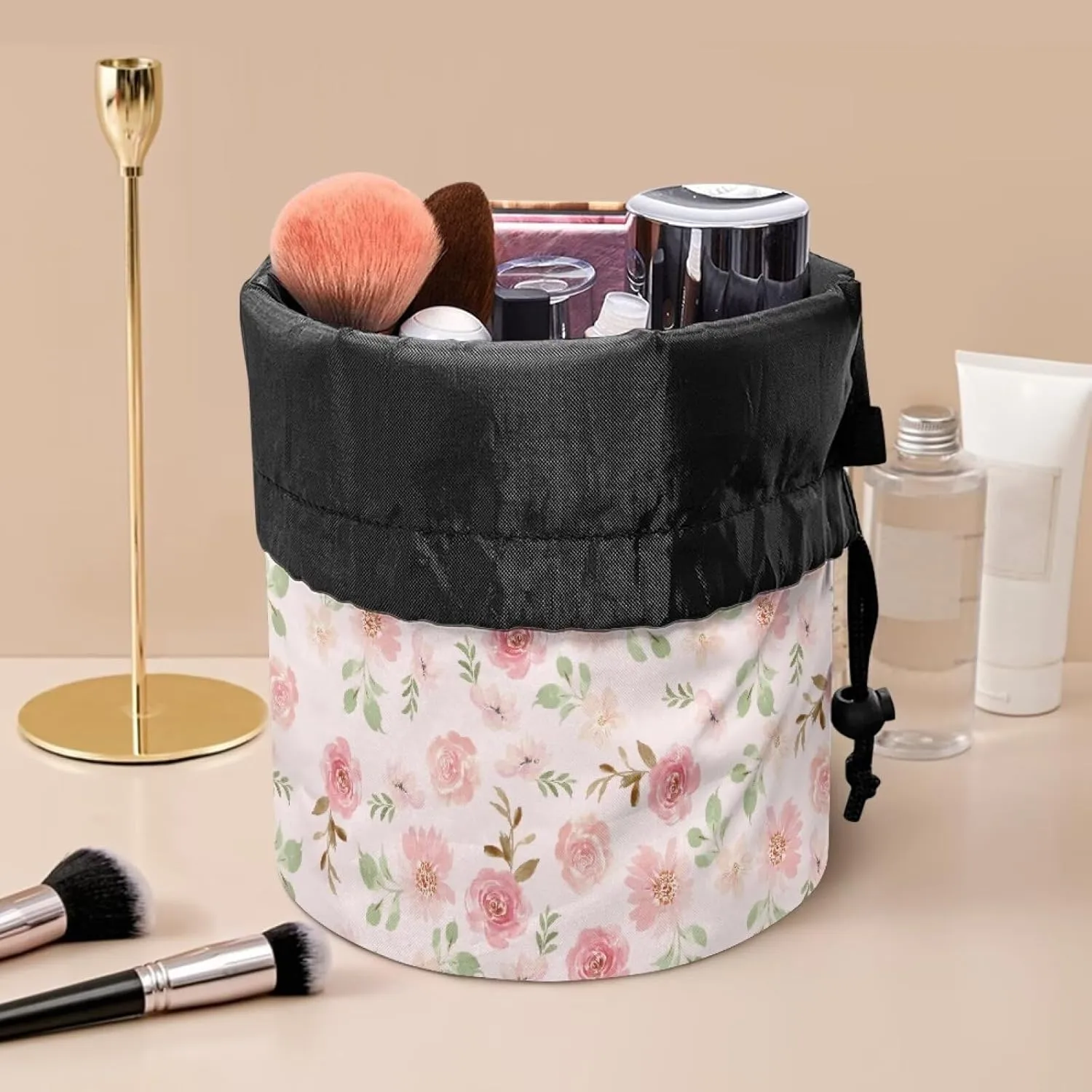 Small pink flower drawstring makeup bag opens flat collapsible makeup bag portable lazy drawstring makeup bag travel cosmetic pouch toiletry travel essentials for women barrel bag
