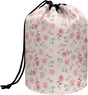 Small pink flower drawstring makeup bag opens flat collapsible makeup bag portable lazy drawstring makeup bag travel cosmetic pouch toiletry travel essentials for women barrel bag