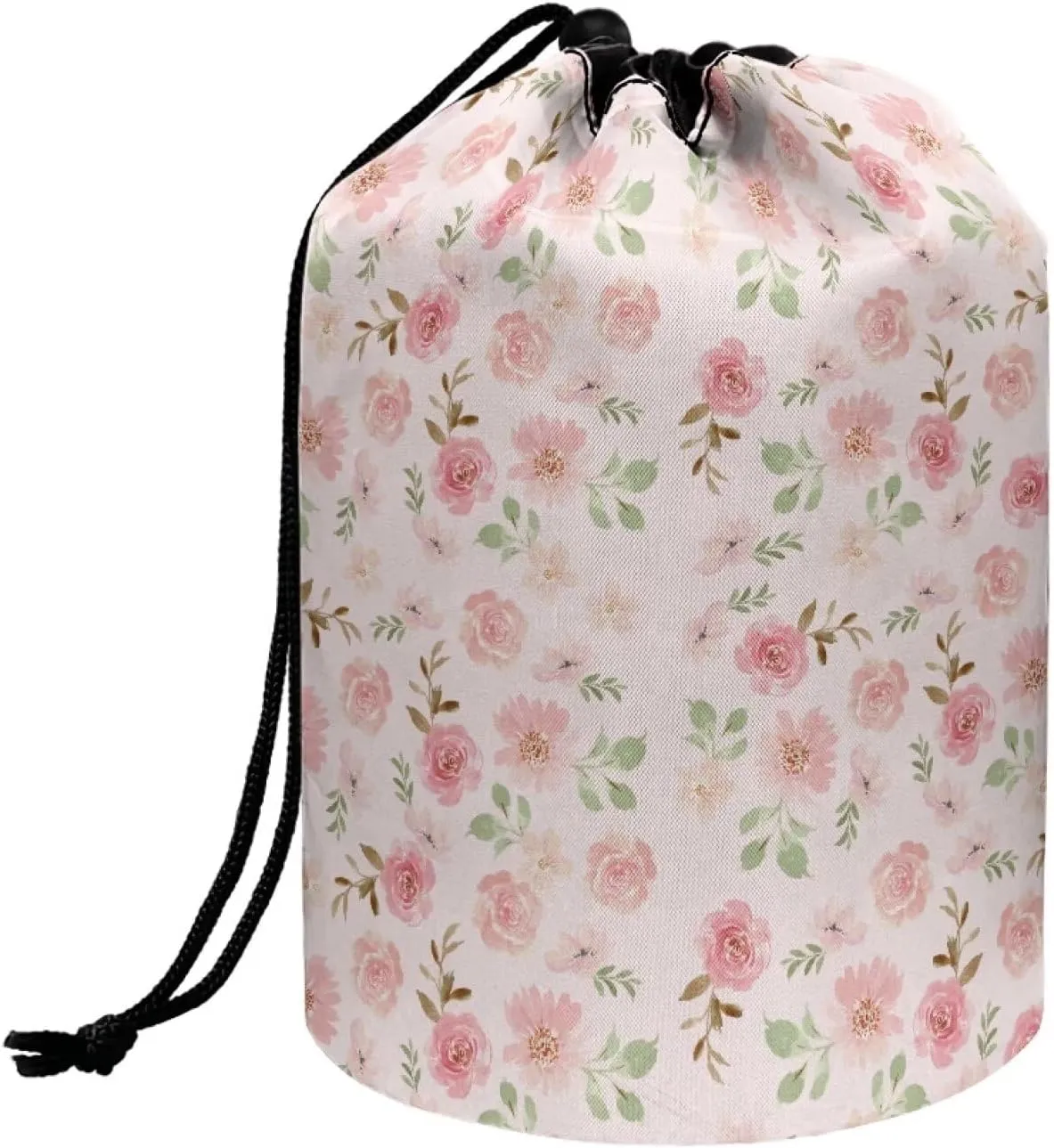 Small pink flower drawstring makeup bag opens flat collapsible makeup bag portable lazy drawstring makeup bag travel cosmetic pouch toiletry travel essentials for women barrel bag