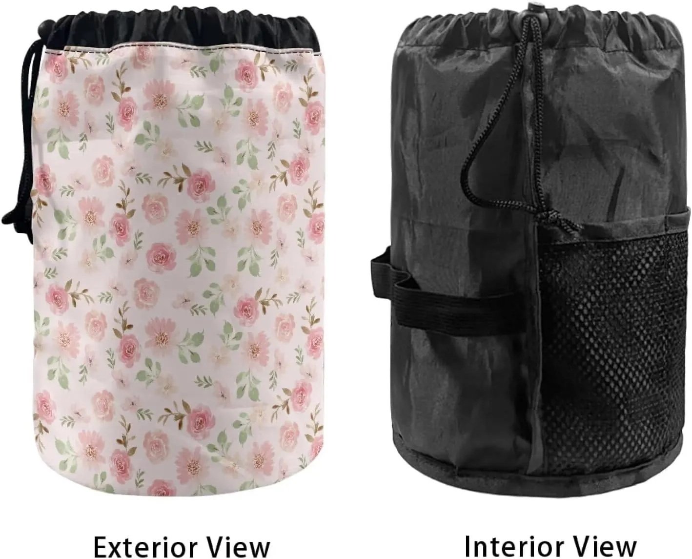 Small pink flower drawstring makeup bag opens flat collapsible makeup bag portable lazy drawstring makeup bag travel cosmetic pouch toiletry travel essentials for women barrel bag