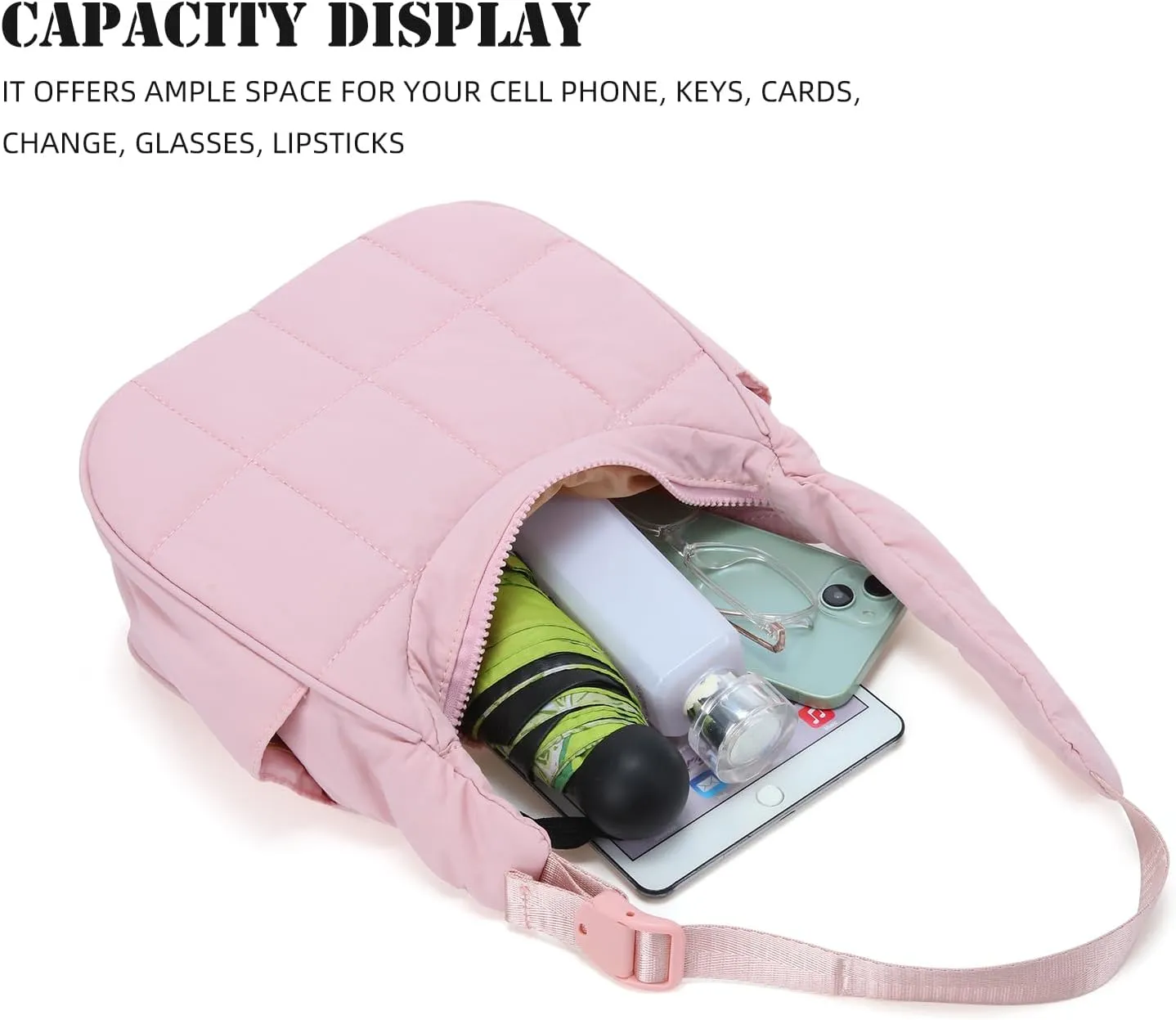 Small Puffer Crescent Underarm Shoulder Bag for Women, Nylon Quilted Purses Handbags with Adjustable Strap