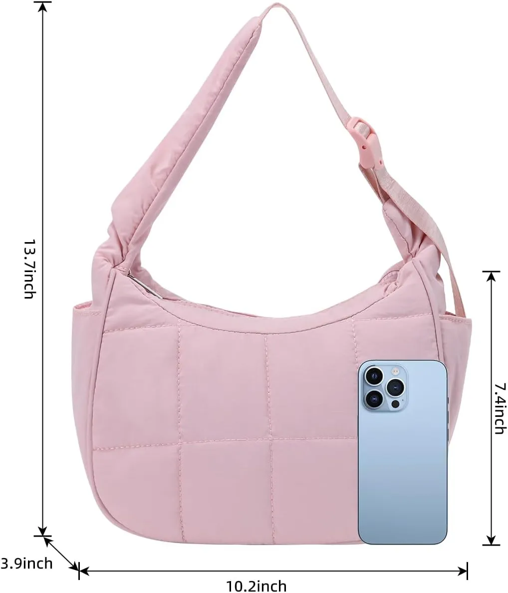 Small Puffer Crescent Underarm Shoulder Bag for Women, Nylon Quilted Purses Handbags with Adjustable Strap