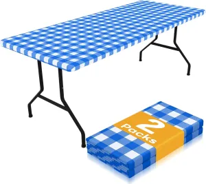 Smiry Picnic Table Cloth 2 Pack, Waterproof Elastic Fitted Tablecloths for 6FT Rectangle Tables, Washable Polyester Buffalo Plaid Tablecloth for Camping, Dining & Outdoor (Blue & White, 30" x 72")