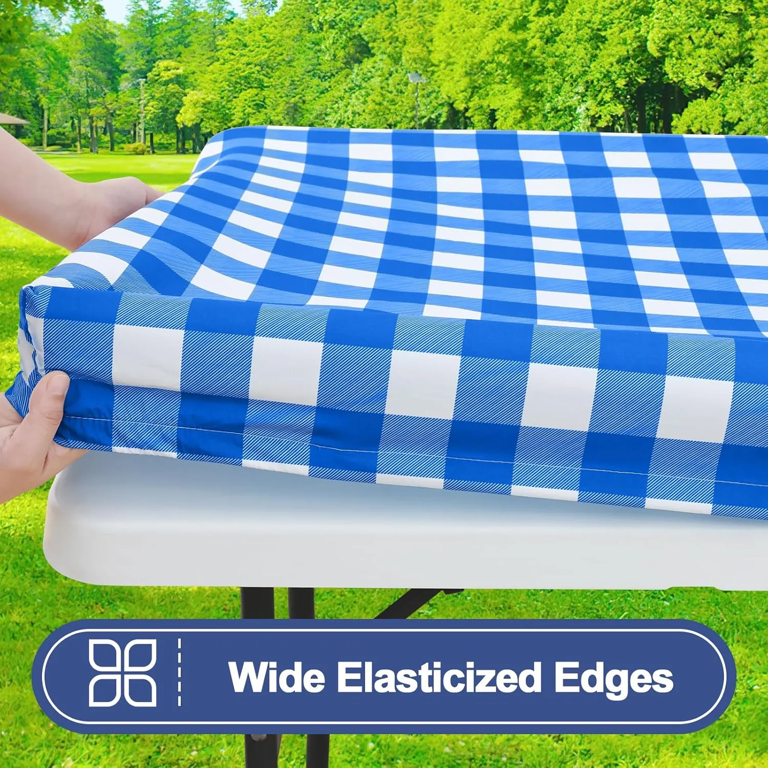Smiry Picnic Table Cloth 2 Pack, Waterproof Elastic Fitted Tablecloths for 6FT Rectangle Tables, Washable Polyester Buffalo Plaid Tablecloth for Camping, Dining & Outdoor (Blue & White, 30" x 72")
