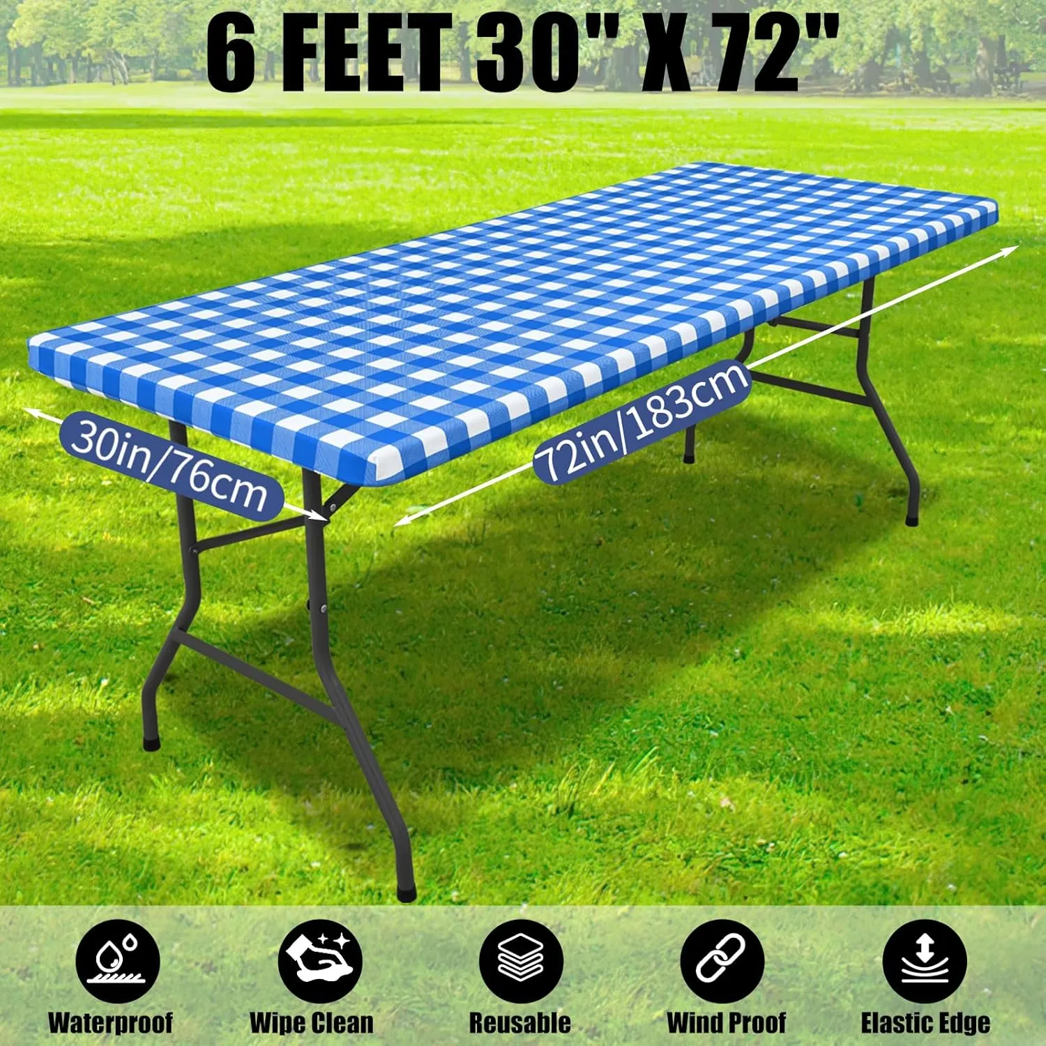 Smiry Picnic Table Cloth 2 Pack, Waterproof Elastic Fitted Tablecloths for 6FT Rectangle Tables, Washable Polyester Buffalo Plaid Tablecloth for Camping, Dining & Outdoor (Blue & White, 30" x 72")