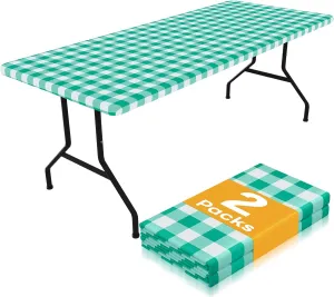 Smiry Picnic Table Cloth 2 Pack, Waterproof Elastic Fitted Tablecloths for 6FT Rectangle Tables, Washable Polyester Buffalo Plaid Tablecloth for Camping, Dining & Outdoor (Green & White, 30" x 72")
