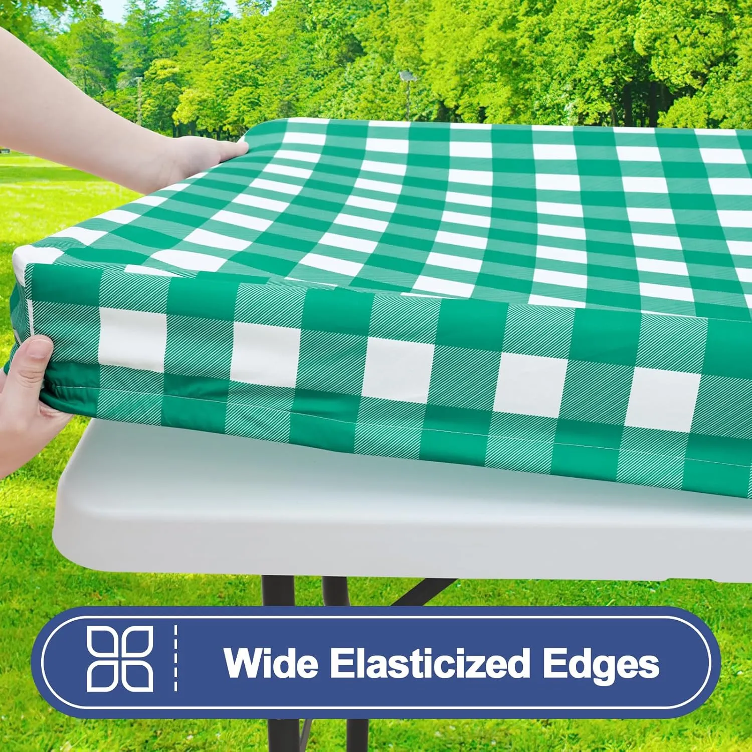 Smiry Picnic Table Cloth 2 Pack, Waterproof Elastic Fitted Tablecloths for 6FT Rectangle Tables, Washable Polyester Buffalo Plaid Tablecloth for Camping, Dining & Outdoor (Green & White, 30" x 72")