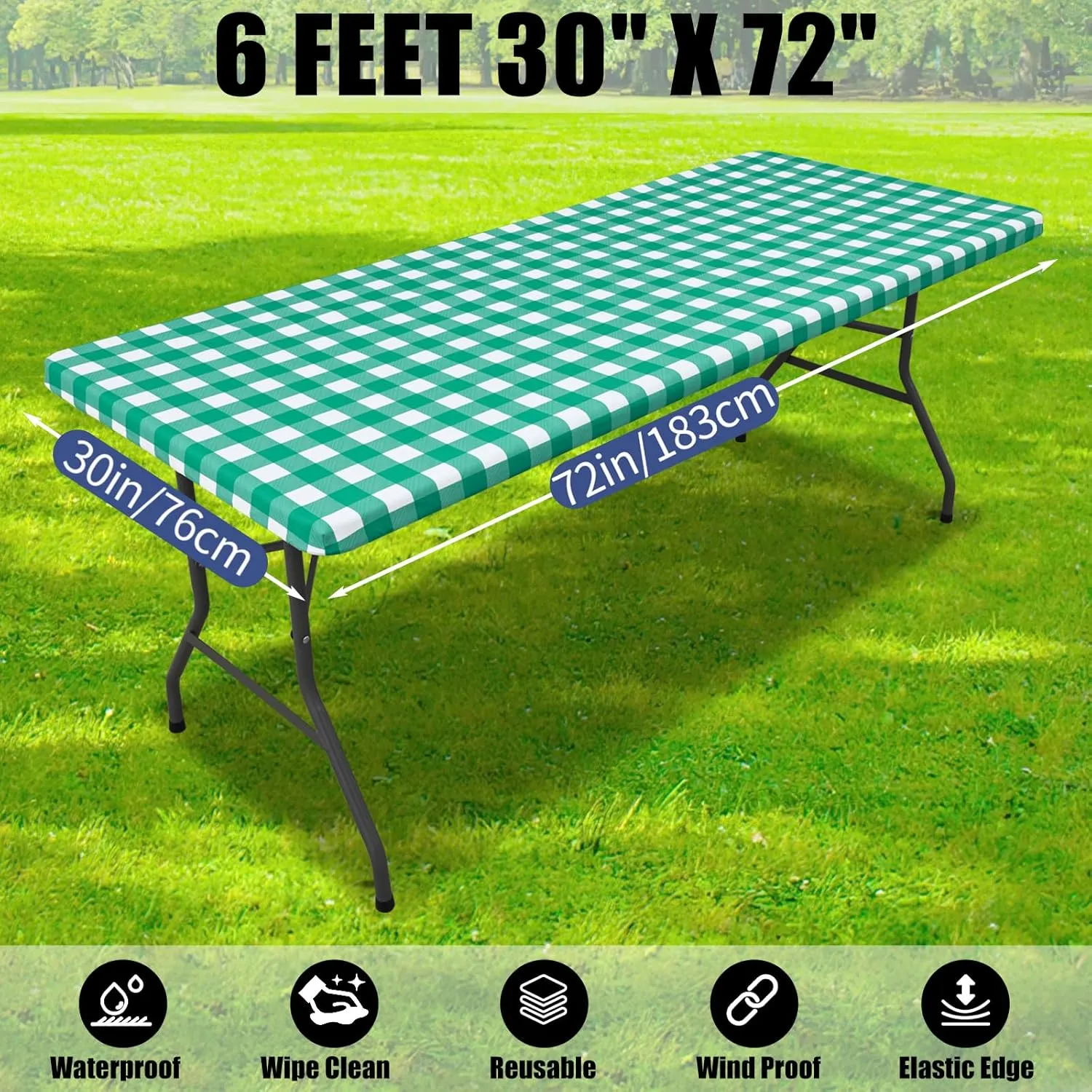 Smiry Picnic Table Cloth 2 Pack, Waterproof Elastic Fitted Tablecloths for 6FT Rectangle Tables, Washable Polyester Buffalo Plaid Tablecloth for Camping, Dining & Outdoor (Green & White, 30" x 72")