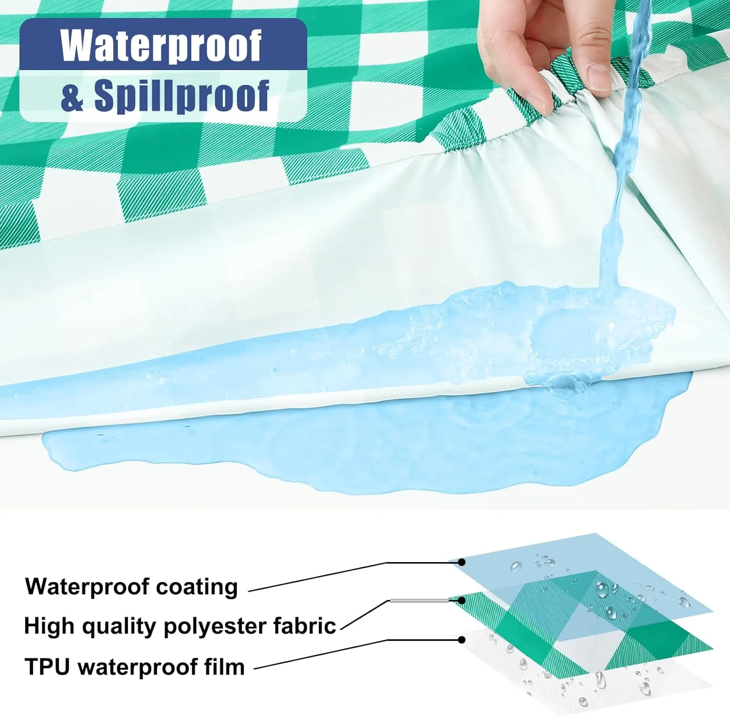 Smiry Picnic Table Cloth 2 Pack, Waterproof Elastic Fitted Tablecloths for 6FT Rectangle Tables, Washable Polyester Buffalo Plaid Tablecloth for Camping, Dining & Outdoor (Green & White, 30" x 72")