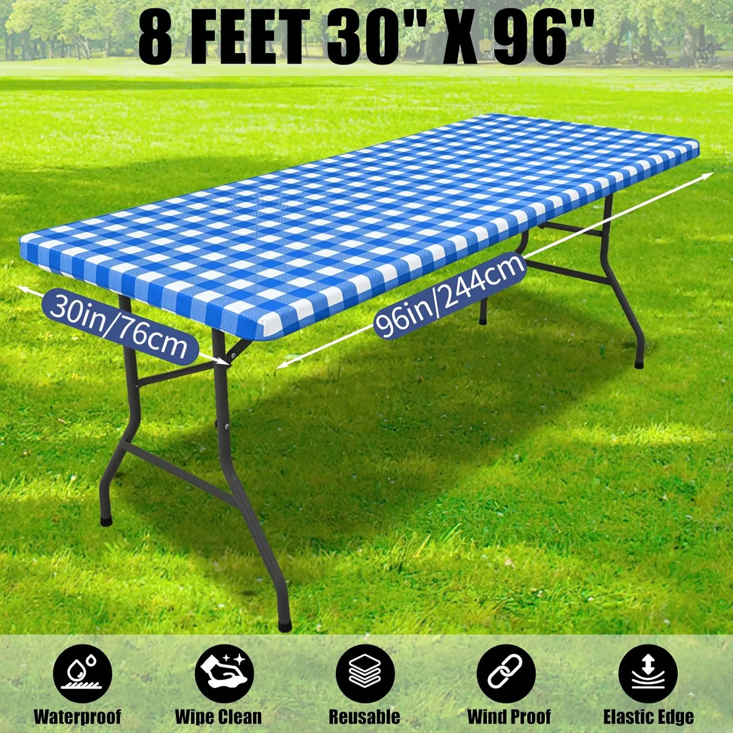 Smiry Picnic Table Cloth 2 Pack, Waterproof Elastic Fitted Tablecloths for 8FT Rectangle Tables, Washable Polyester Buffalo Plaid Tablecloth for Camping, Dining & Outdoor (Blue & White, 30" x 96")