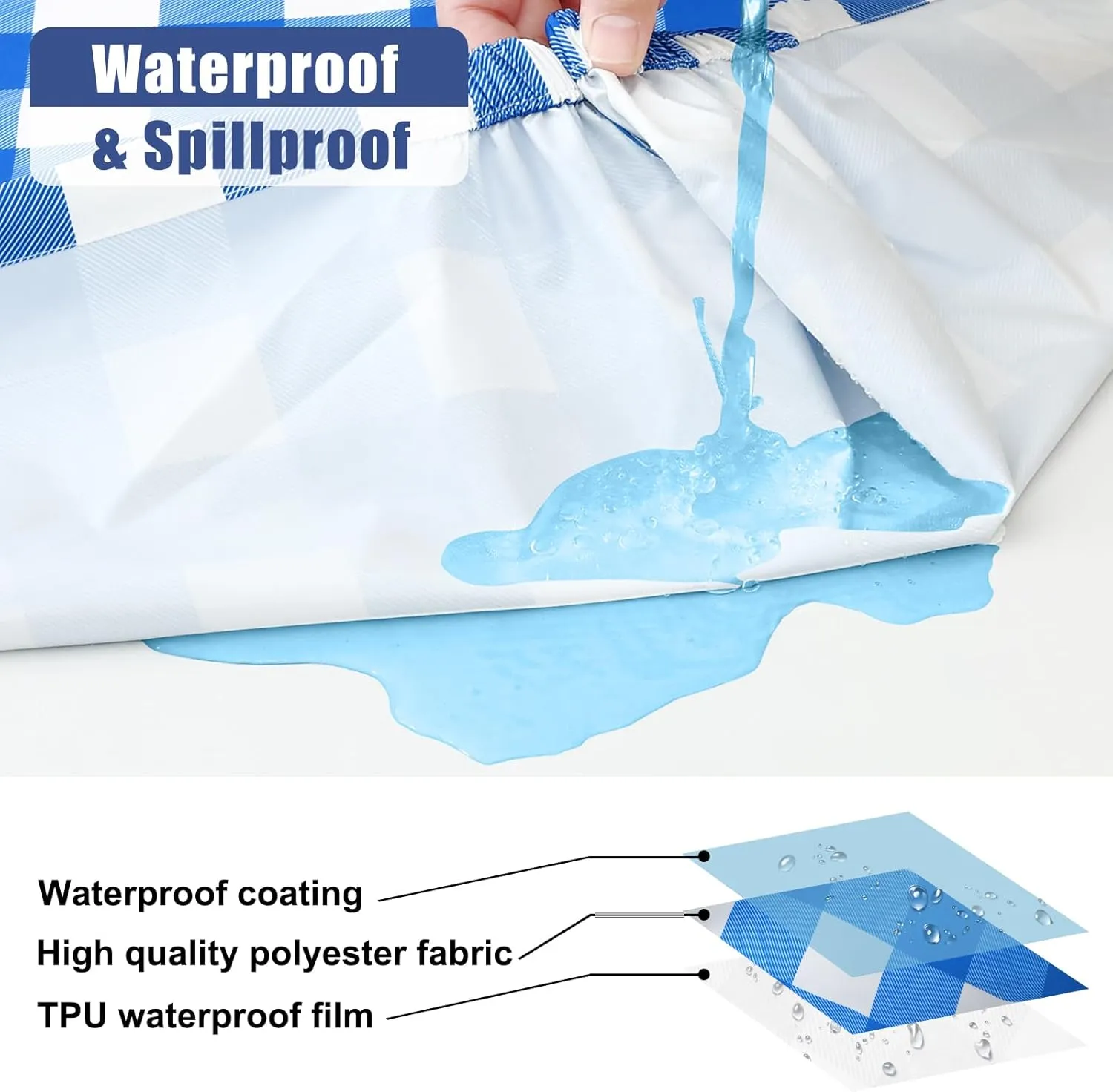 Smiry Picnic Table Cloth 2 Pack, Waterproof Elastic Fitted Tablecloths for 8FT Rectangle Tables, Washable Polyester Buffalo Plaid Tablecloth for Camping, Dining & Outdoor (Blue & White, 30" x 96")