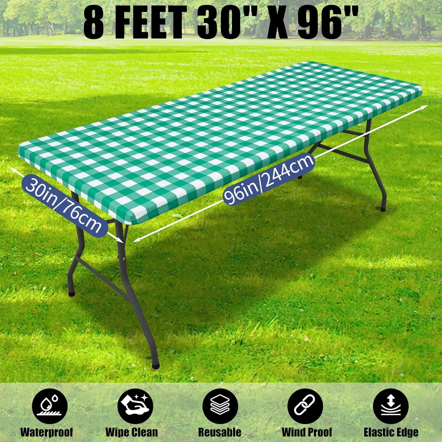 Smiry Picnic Table Cloth 2 Pack, Waterproof Elastic Fitted Tablecloths for 8FT Rectangle Tables, Washable Polyester Buffalo Plaid Tablecloth for Camping, Dining & Outdoor (Green & White, 30" x 96")