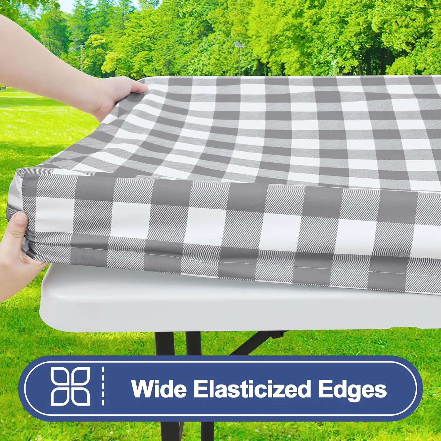 Smiry Picnic Table Cloth 2 Pack, Waterproof Elastic Fitted Tablecloths for 8FT Rectangle Tables, Washable Polyester Buffalo Plaid Tablecloth for Camping, Dining & Outdoor (Grey & White, 30" x 96")