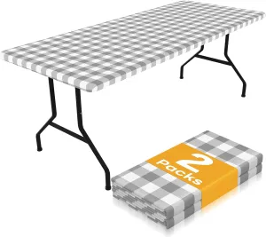 Smiry Picnic Table Cloth 2 Pack, Waterproof Elastic Fitted Tablecloths for 8FT Rectangle Tables, Washable Polyester Buffalo Plaid Tablecloth for Camping, Dining & Outdoor (Grey & White, 30" x 96")