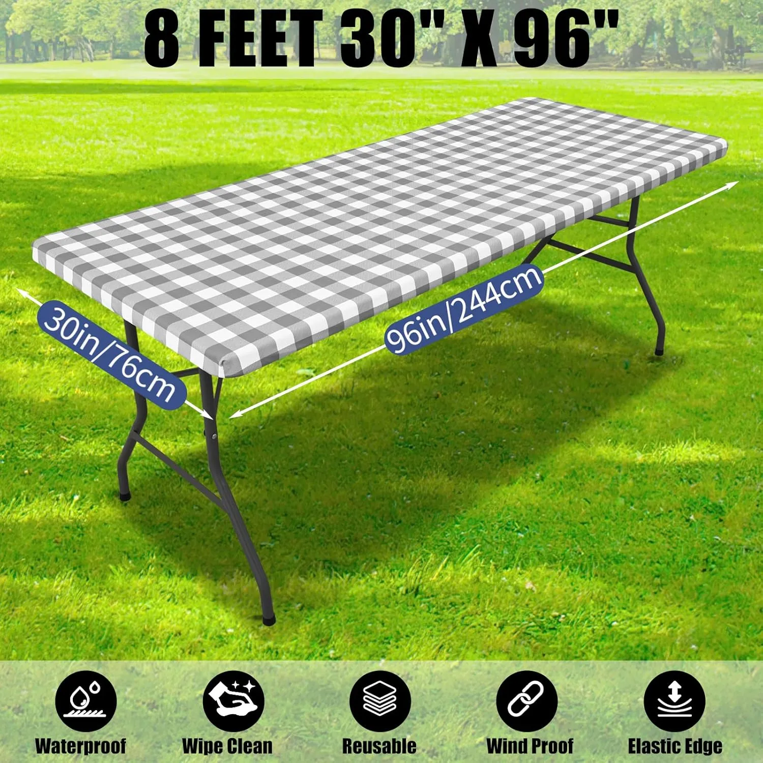 Smiry Picnic Table Cloth 2 Pack, Waterproof Elastic Fitted Tablecloths for 8FT Rectangle Tables, Washable Polyester Buffalo Plaid Tablecloth for Camping, Dining & Outdoor (Grey & White, 30" x 96")