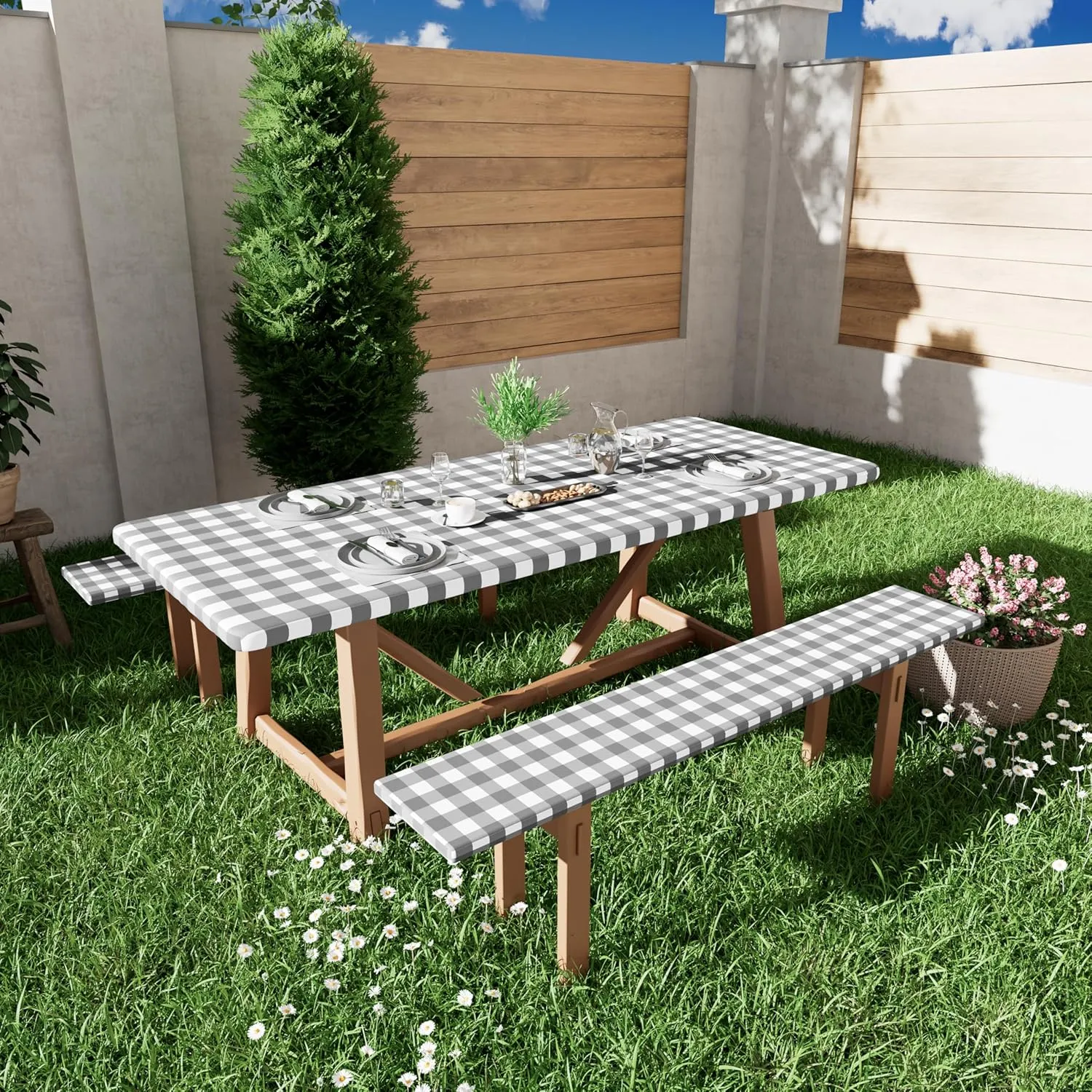 Smiry Picnic Table Cloth 2 Pack, Waterproof Elastic Fitted Tablecloths for 8FT Rectangle Tables, Washable Polyester Buffalo Plaid Tablecloth for Camping, Dining & Outdoor (Grey & White, 30" x 96")