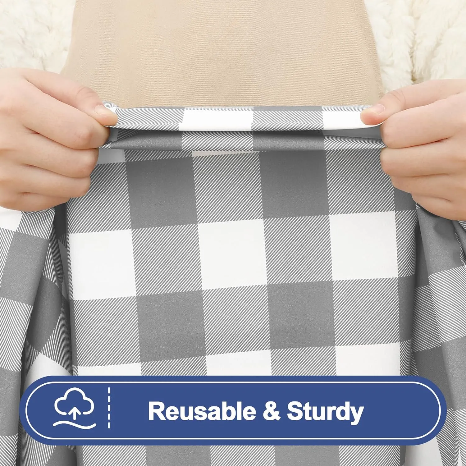 Smiry Picnic Table Cloth 2 Pack, Waterproof Elastic Fitted Tablecloths for 8FT Rectangle Tables, Washable Polyester Buffalo Plaid Tablecloth for Camping, Dining & Outdoor (Grey & White, 30" x 96")