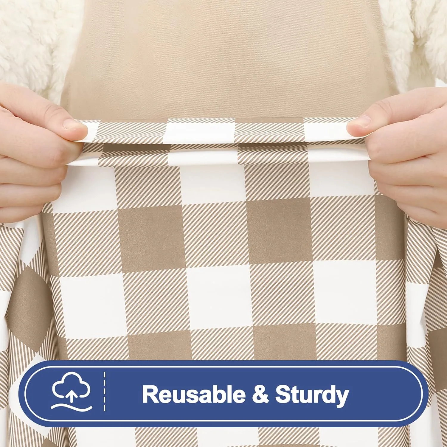 Smiry Picnic Table Cloth 2 Pack, Waterproof Elastic Fitted Tablecloths for 8FT Rectangle Tables, Washable Polyester Buffalo Plaid Tablecloth for Camping, Dining & Outdoor (Khaki & White, 30" x 96")