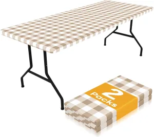 Smiry Picnic Table Cloth 2 Pack, Waterproof Elastic Fitted Tablecloths for 8FT Rectangle Tables, Washable Polyester Buffalo Plaid Tablecloth for Camping, Dining & Outdoor (Khaki & White, 30" x 96")
