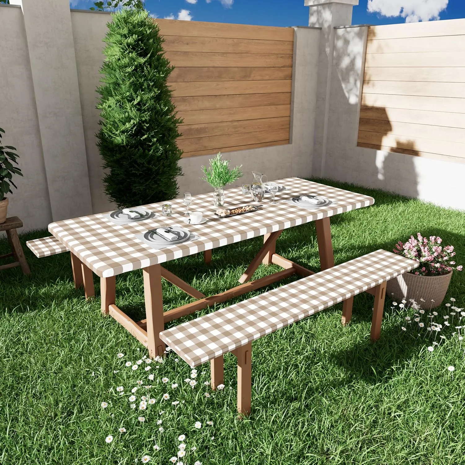 Smiry Picnic Table Cloth 2 Pack, Waterproof Elastic Fitted Tablecloths for 8FT Rectangle Tables, Washable Polyester Buffalo Plaid Tablecloth for Camping, Dining & Outdoor (Khaki & White, 30" x 96")