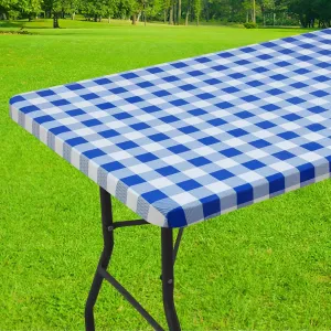 Smiry Rectangle Picnic Table Cloth, Elastic Waterproof Fitted Vinyl Tablecloth for 6 FT Tables, Flannel Backed Buffalo Plaid Table Covers for Dining, Camping, Outdoor (White and Blue, 30" x 72")