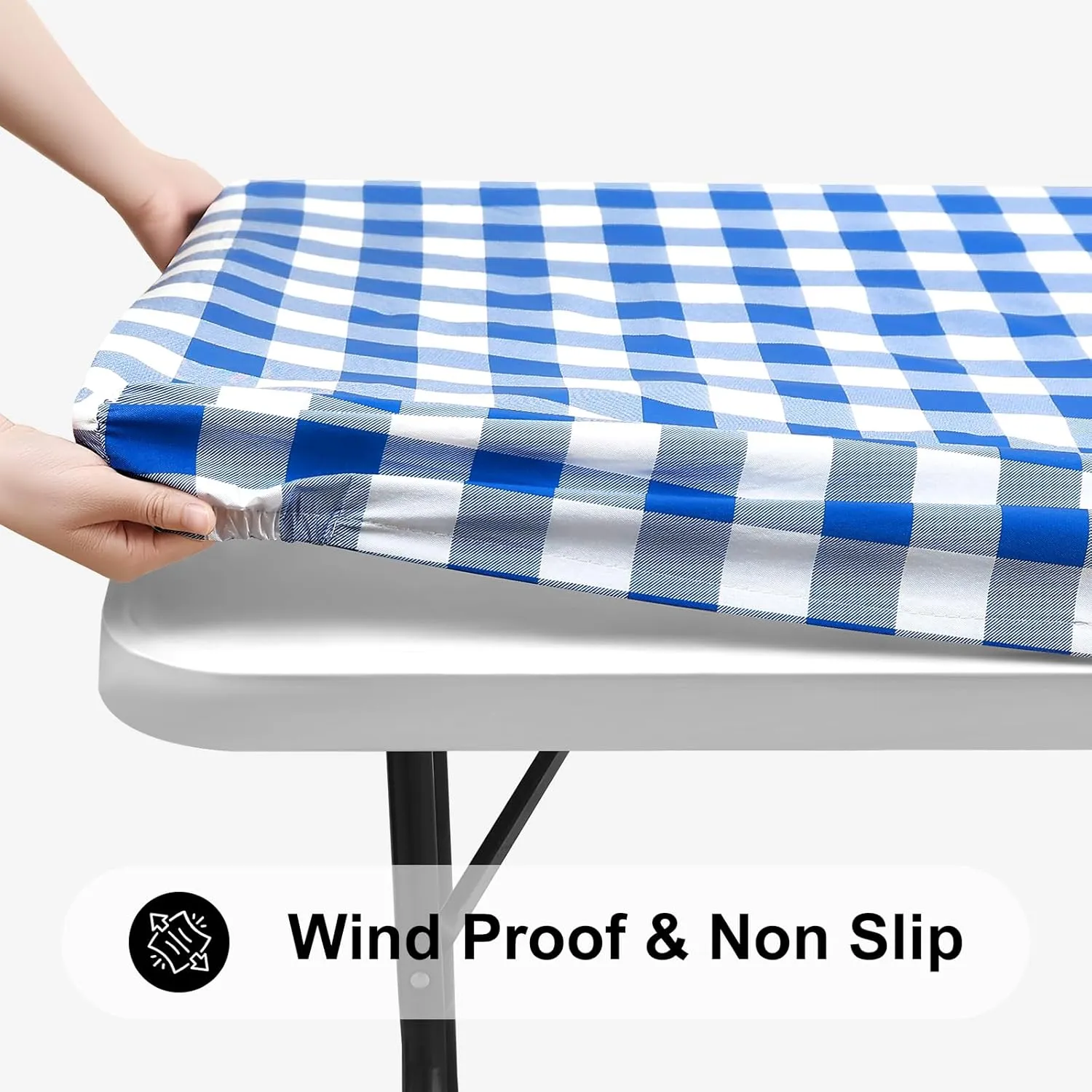 Smiry Rectangle Picnic Table Cloth, Elastic Waterproof Fitted Vinyl Tablecloth for 6 FT Tables, Flannel Backed Buffalo Plaid Table Covers for Dining, Camping, Outdoor (White and Blue, 30" x 72")
