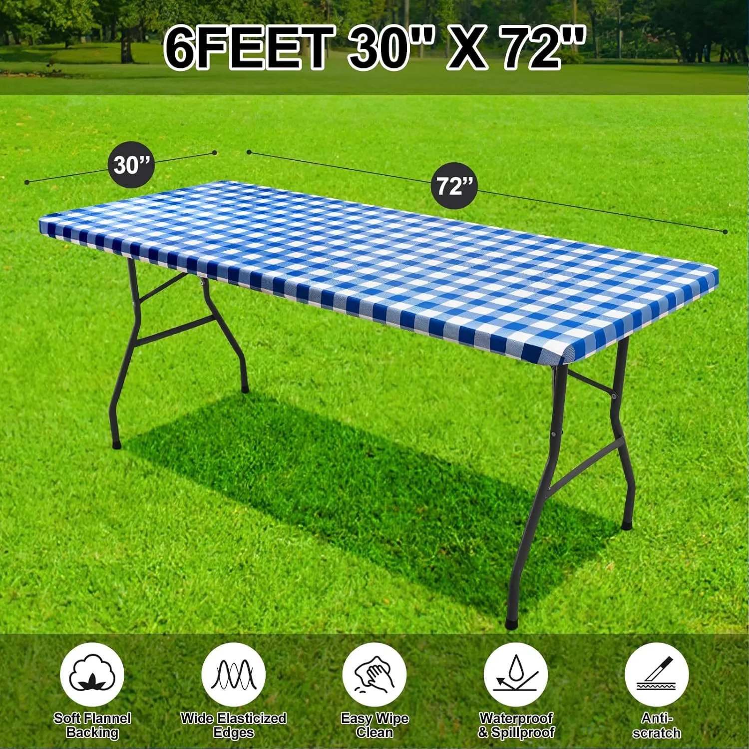 Smiry Rectangle Picnic Table Cloth, Elastic Waterproof Fitted Vinyl Tablecloth for 6 FT Tables, Flannel Backed Buffalo Plaid Table Covers for Dining, Camping, Outdoor (White and Blue, 30" x 72")