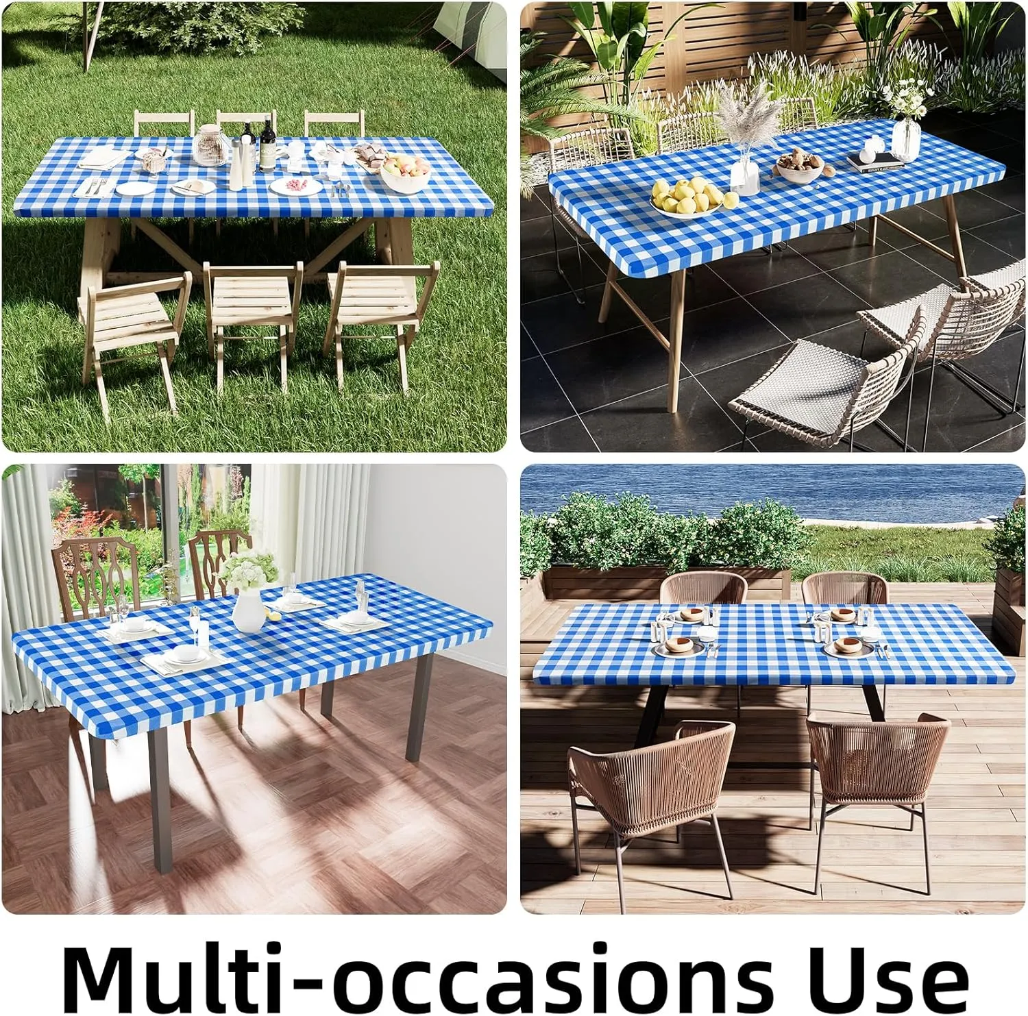 Smiry Rectangle Picnic Table Cloth, Elastic Waterproof Fitted Vinyl Tablecloth for 6 FT Tables, Flannel Backed Buffalo Plaid Table Covers for Dining, Camping, Outdoor (White and Blue, 30" x 72")