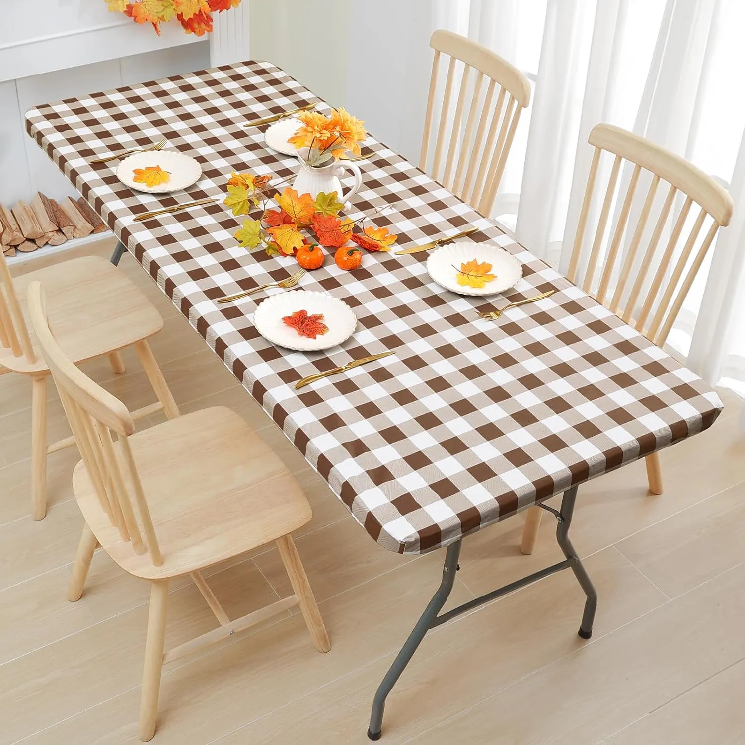 Smiry Rectangle Picnic Table Cloth, Elastic Waterproof Fitted Vinyl Tablecloth for 6 FT Tables, Flannel Backed Buffalo Plaid Table Covers for Dining, Camping, Outdoor (White and Brown, 30" x 72")