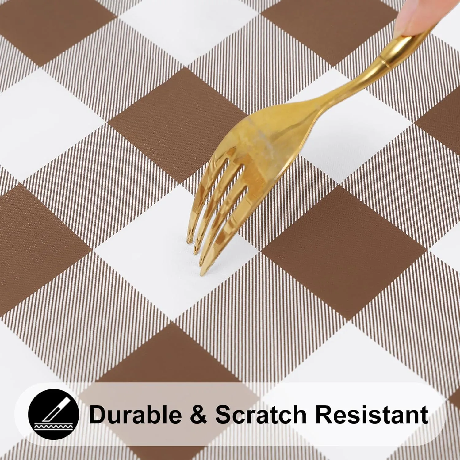 Smiry Rectangle Picnic Table Cloth, Elastic Waterproof Fitted Vinyl Tablecloth for 6 FT Tables, Flannel Backed Buffalo Plaid Table Covers for Dining, Camping, Outdoor (White and Brown, 30" x 72")
